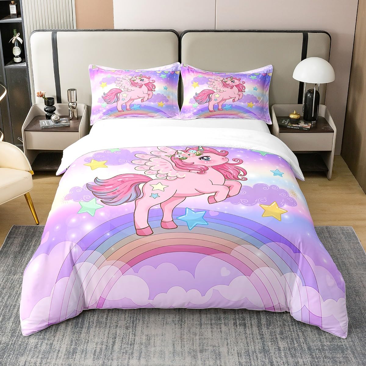 Set copripiumino in cotone con unicorno, per ragazze e ragazzi, per letto singolo, con stampa arcobaleno, decorazioni per la stanza, set di biancheria da letto multicolore a tema unicorno magico