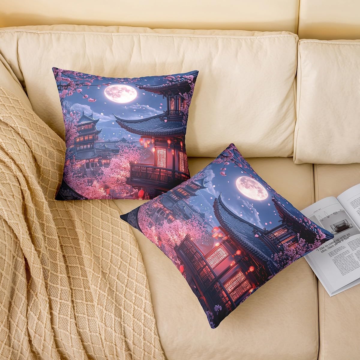 Castle Fairy Pink Cherry Blossoms Throw Pillow Covers 24"x24" Japanese Style Building Pillowcases Dreamy Moon Night Reversible Print Cushion Cover Exotic Aesthetic Pillow Covers for Sofa,Set of 2
