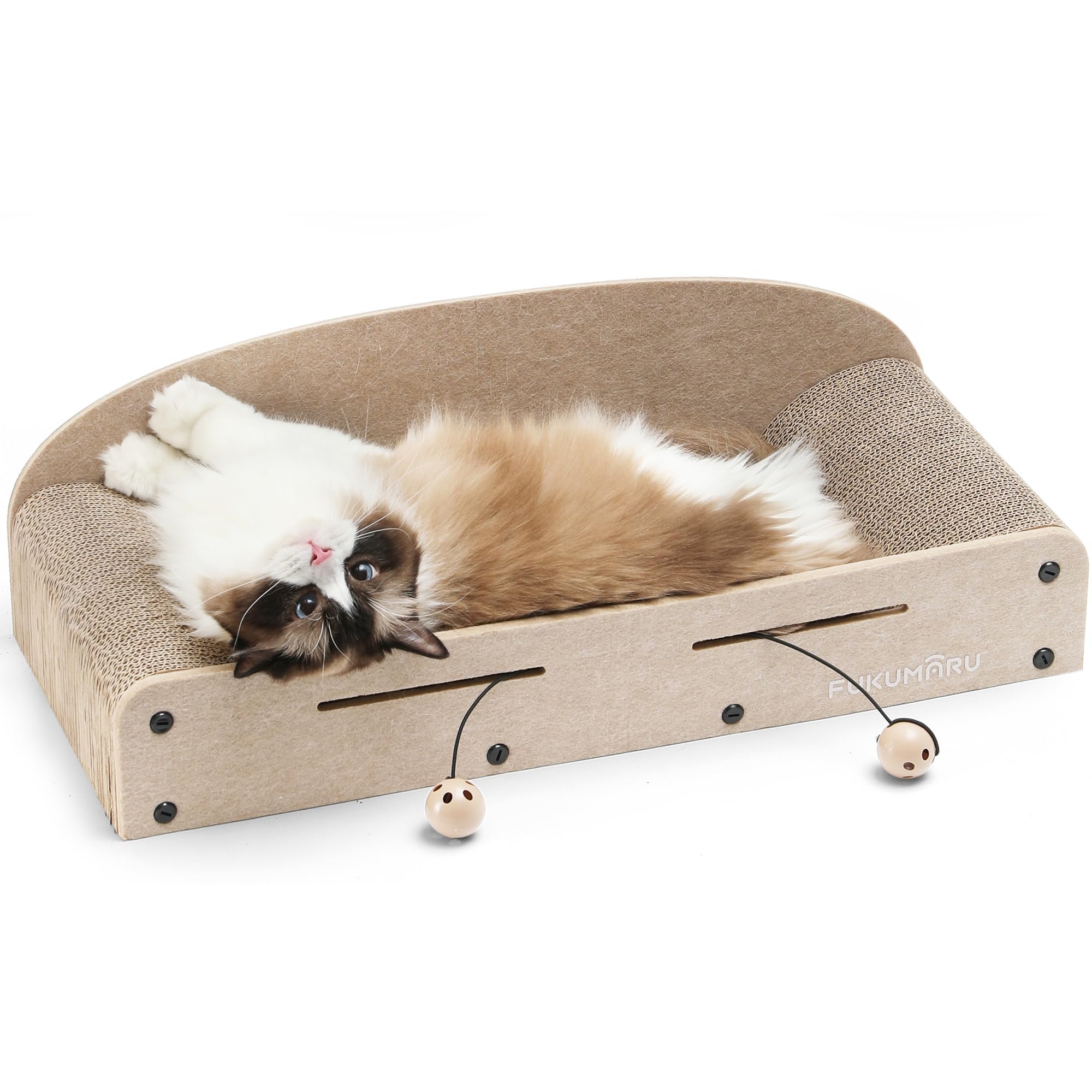 FUKUMARU Kratzbrett Katzen, 66CM langlebiges Kratzpappe und Filz, große Liege, 2 wendbare Katzenkratzpads für Katzen, recycelbares Katzenkratzbett aus Wellpappe mit Glockenballspielzeug, Beige