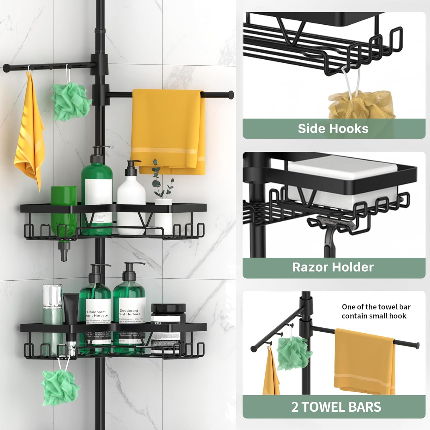 daoya shower caddy tension pole corner with 4 removable baskets & 2 towel bar - expandable shower caddy corner adjustable 25-114.2 inches upgraded bath organizer for tub(stainless steel, black) black shower caddy with 2 towel bar