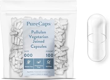 PureCaps USA - Empty Vegetarian Vegan Pullulan Pill Capsules Size 000 | 100 Joined Pills| Clear| Non-GMO Certified | SLS, Gluten, Preservative Free