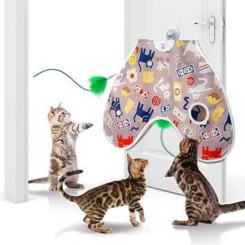 Interactive Cat Toys Moving Concealed Feathers Cat Toys Motion Activated Wall-Mounted Hanging Kitten Toy with Real Mouse Squeaky