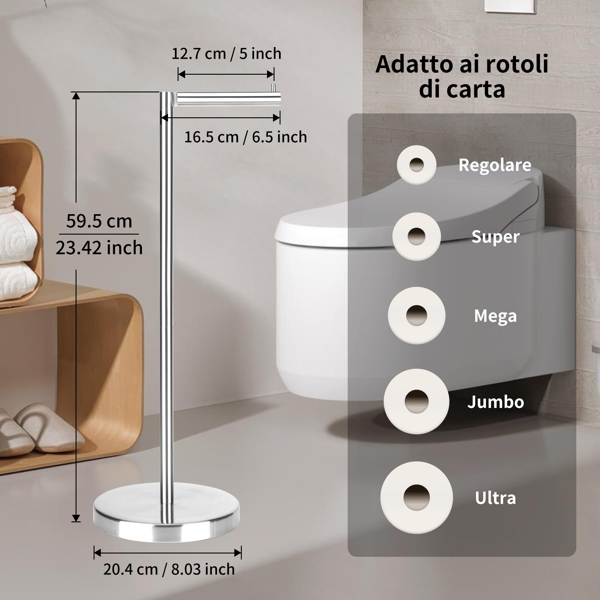 RFOUO Supporto per carta igienica in nichel spazzolato, supporto per carta igienica autoportante, 1,8 kg, con base pesante per 4 + 1 rotoli, porta carta igienica, supporto per rotolo di carta igienica
