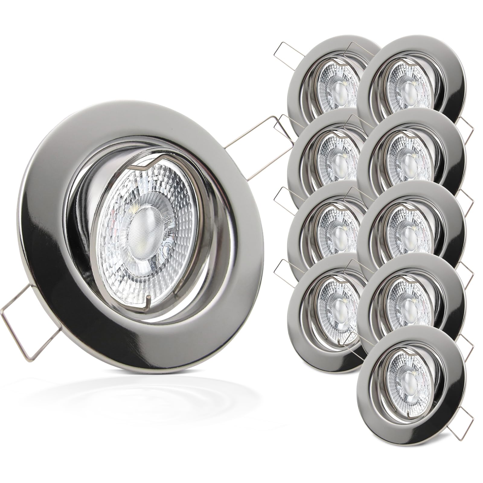 trendlights24 Decora Decken Einbaustrahler flach 35 mm 230V 10er Set - LED Spots je 5W Warmweiß 400lm austauschbar Chrom glänzend schwenkbar 68 mm