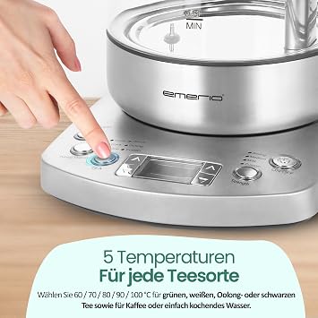 EMERIO Glas Teekocher Wasserkocher 17 Liter TESTSIEGER mit Note 1.3 vollautomatisches Teesieb Absenkautomatik Borosilikatglas Temperaturwahl 2200 Watt Schwarz/Silber WK-122248