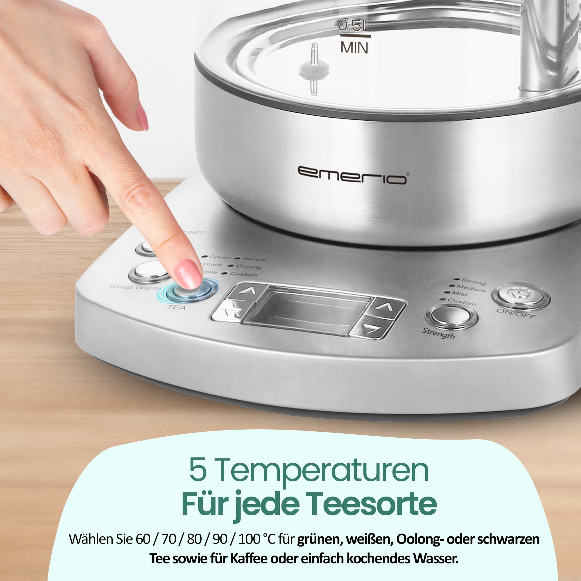 EMERIO Glas Teekocher Wasserkocher | 1,7 Liter | TESTSIEGER mit Note 1.3 | vollautomatisches Teesieb | Absenkautomatik | Borosilikatglas | Temperaturwahl | 2200 Watt | Schwarz/Silber | WK-122248
