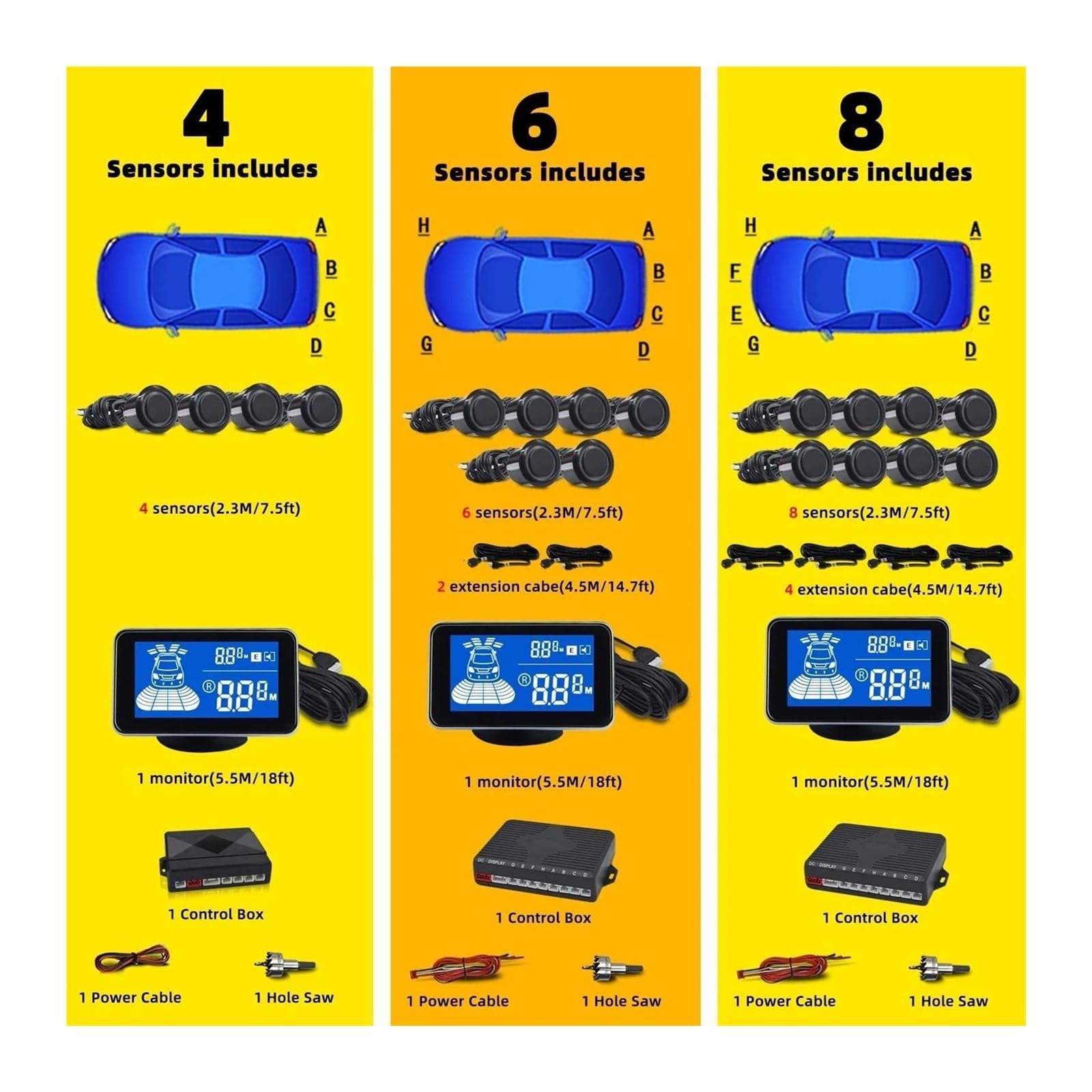 Sensor De Estacionamiento Radar Marcha Atrás para Coche Kit Sensor Aparcamiento Parktronic 4 6 8 Marchas Detector Asistencia Delantera Trasera(Blanco,6 Sensors)