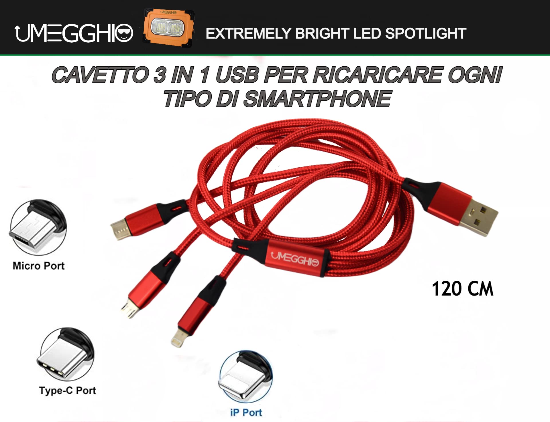 UMEGGHIO Faro LED Ricaricabile 80W Con Torcia Frontale, Pannello Solare, Power Bank, Cavo USB 3-in-1, 14 Modalità Luce, Valigetta – Kit Da Campeggio Professionale