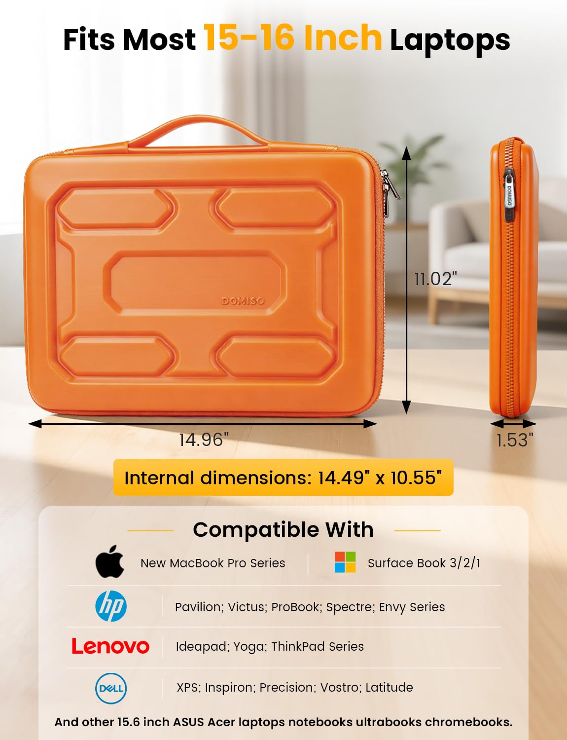 DOMISO Custodia protettiva per laptop da 15,6", con borsa per accessori, antiurto, impermeabile, in EVA, per Yoga 720, IdeaPad 310, 320, ThinkPad T570/Legion 5 Gen 6/HP Envy da 15/15,6", arancione