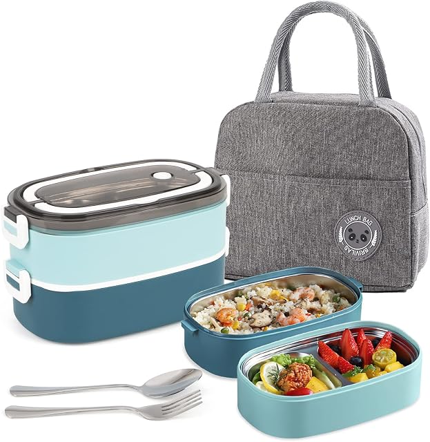 UHAPEER 2 Tier Bento Box Lunch Box for Adults and Kids, Leakproof Bento Lunch Box with 3 Compartments and Cutlery (Spoon & Fork), Portable Adult Lunch Box with Lunch Bag for Work Office School
