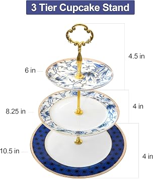 ACMLIFE Porcelain Cake Stand, White and Blue Bone Cupcake Stand, 3 Tier Wedding Cake Stand, Dessert Stand, Afternoon Tea Display Stand (Bone china 3)