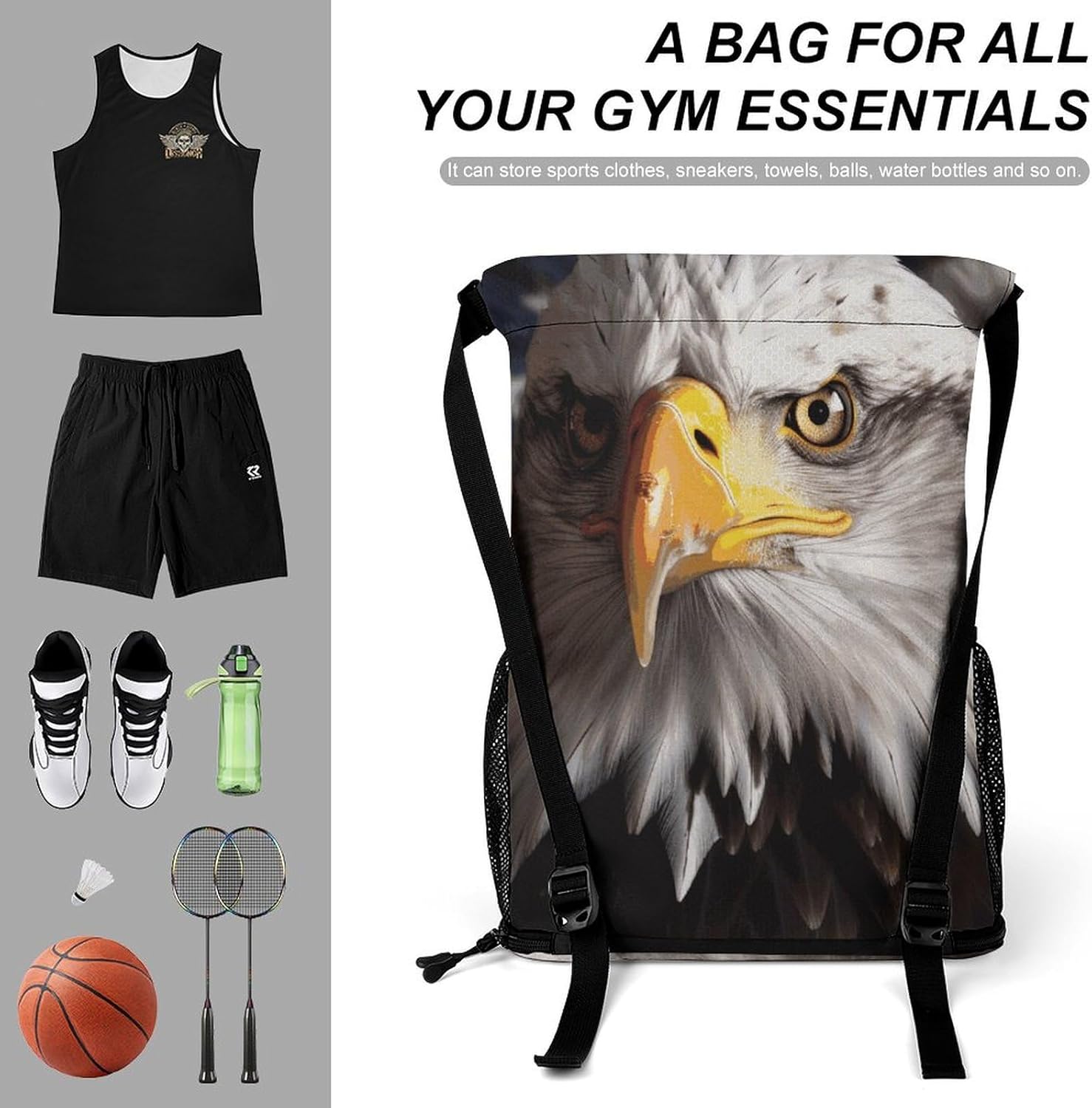 Sports Drawstring Backpack America Flag And Eagle Lightweight Backpack Dry And Wet Separation Large Capacity
