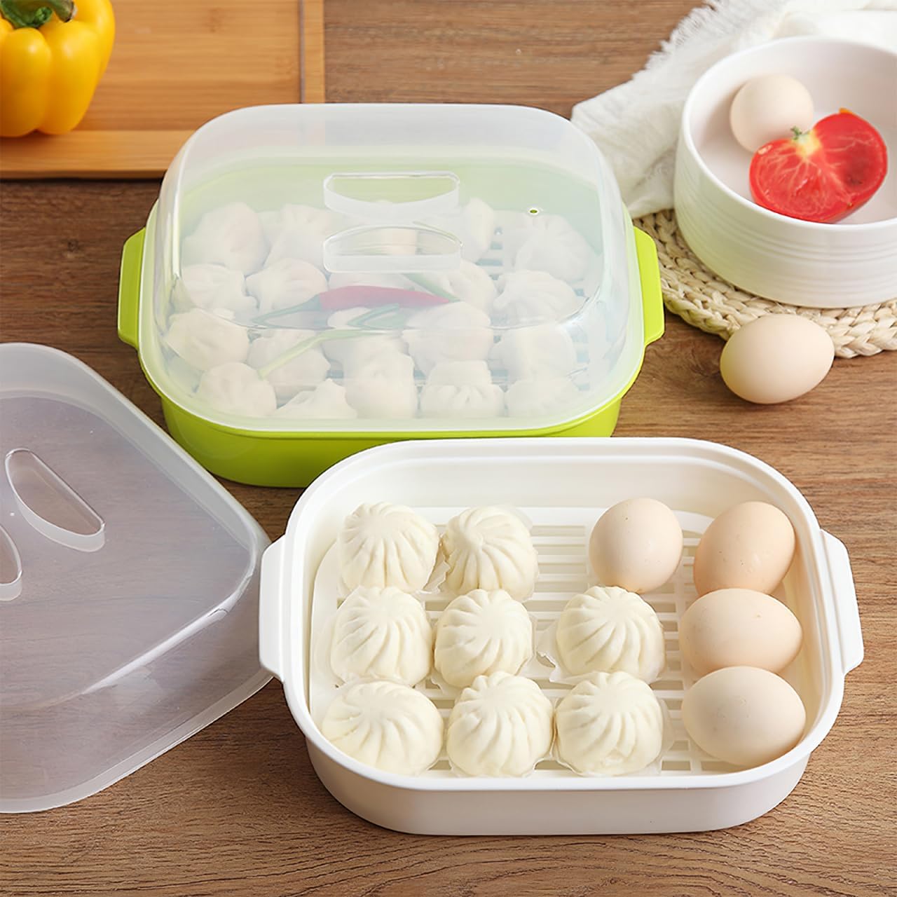 Microwave Oven Steamer for Steamed Buns Vegetable Dumpling Fish, Plastic Kitchen Cooking Heating Container Basket with Lid Cookware (Random Color, White/Green)