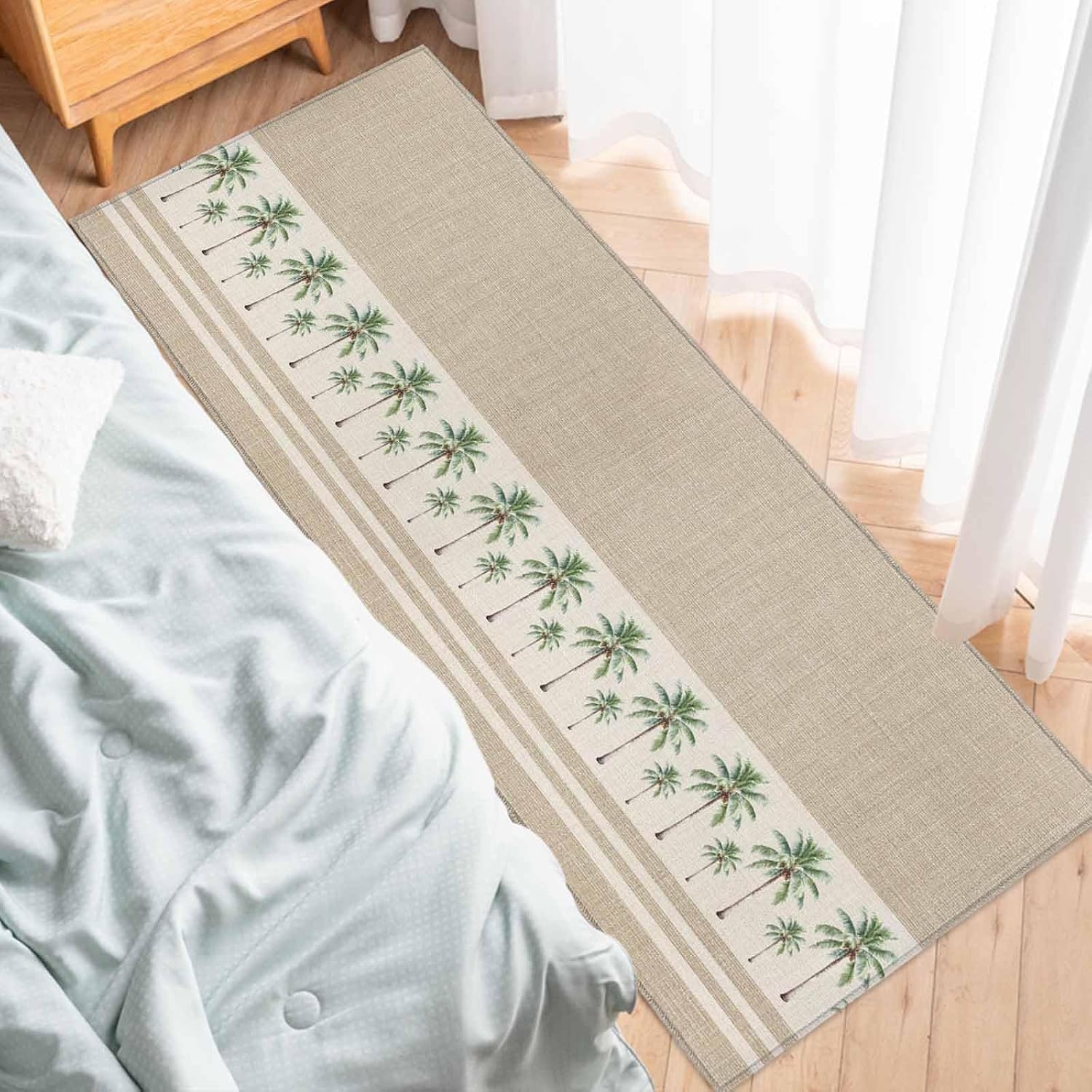 Teamery Kitchen Mats for Floor Coastal Green Palm Trees on Vintage Linen Washable Non Slip Kitchen Rugs 1PCS, Tropical Pants Absorbent Standing Mats for Sink Bathroom Office Living Room 23.6x70.9in