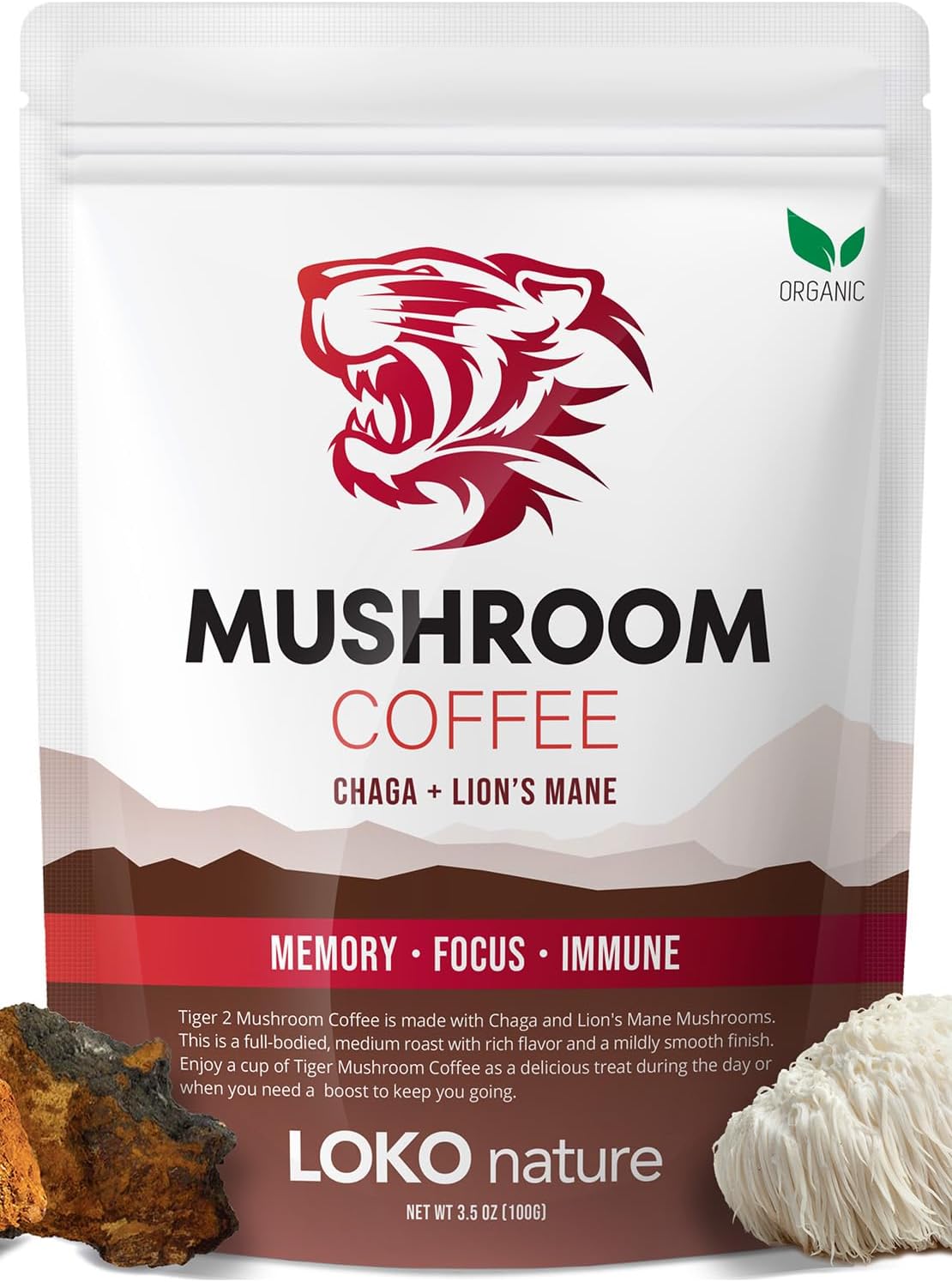 Tiger 2 Mushroom Coffee- Organic Lions Mane and Chaga Mushroom with Arabica Coffee, 30 Servings, Memory, Focus, Immune System Booster, Vegan, Non-GMO and Great Taste