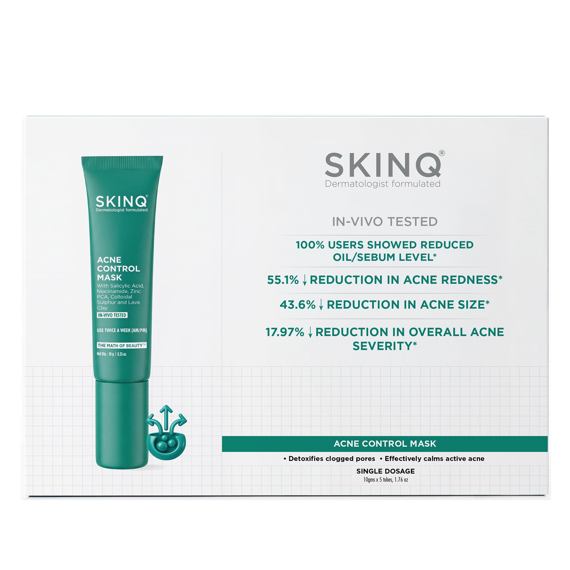 SkinQ Acne Control Mask | Salicylic Acid, Niacinamide & Zinc PCA | BHA Based Face Mask For Acne | Reduces Clogging of Skin Pores | Helps Control Skin Oiliness | All Skin Types | Women & Men (60g)