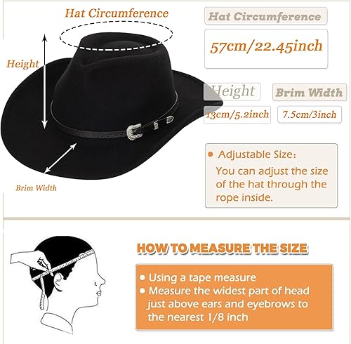 Miniatura 4 de Sombrero clásico de vaquero y vaquera de fieltro occidental negro para mujeres y hombres - Decoración con cinturón occidental Bukle