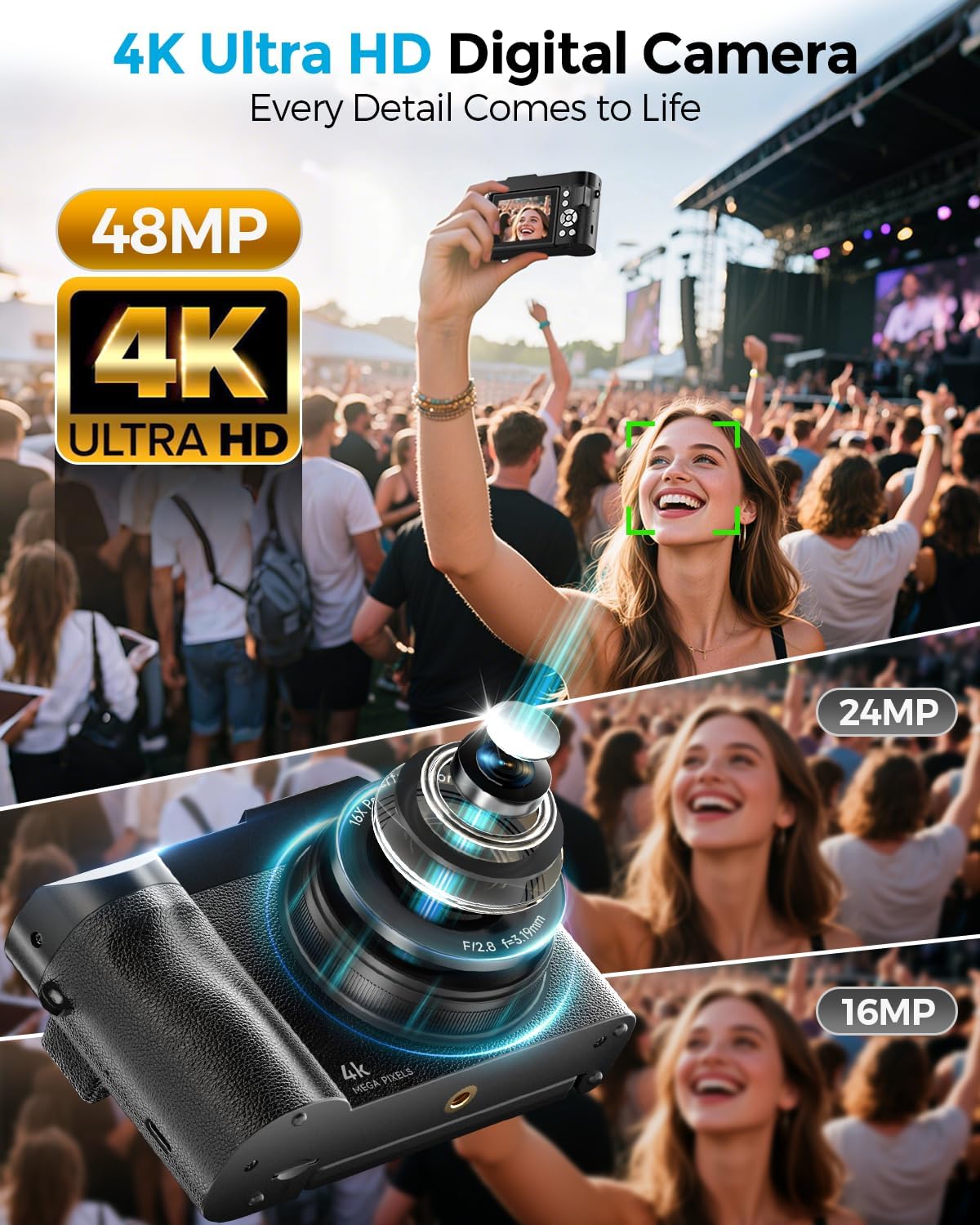 Camara De Fotos 4K: Maxmango 48 MP Cámara Digital Compacta con Pantalla Flip De 180° De 2,8", Autofocus Vlogging con 32GB, 16X Zoom, para Principiantes Niña Niños Chico Adolescentes
