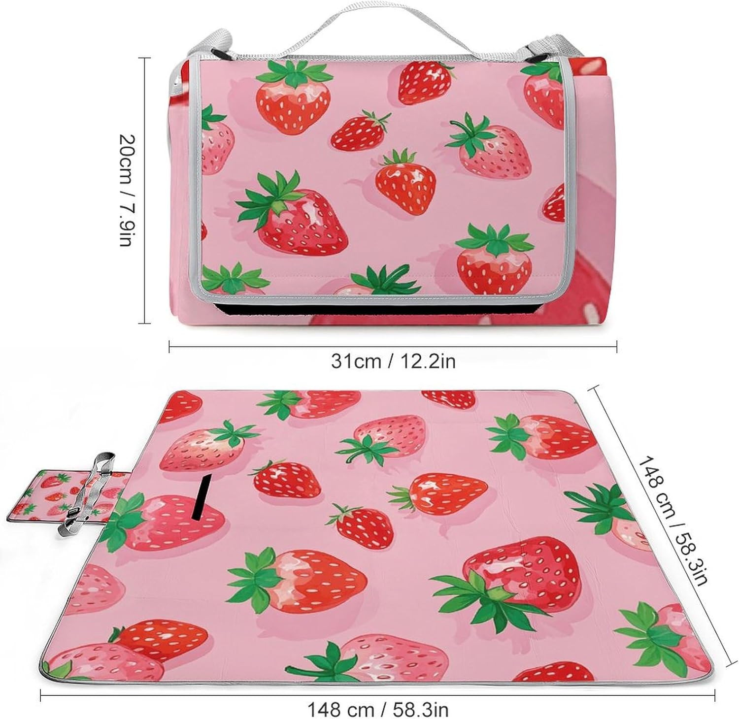 Outdoor Picnic Blanket Extra Large Beach Blanket Waterproof Picnic Mat Cute Strawberry Theme Camping Blanket Portable with Carry Strap Park Blanket for Grass Camping Park
