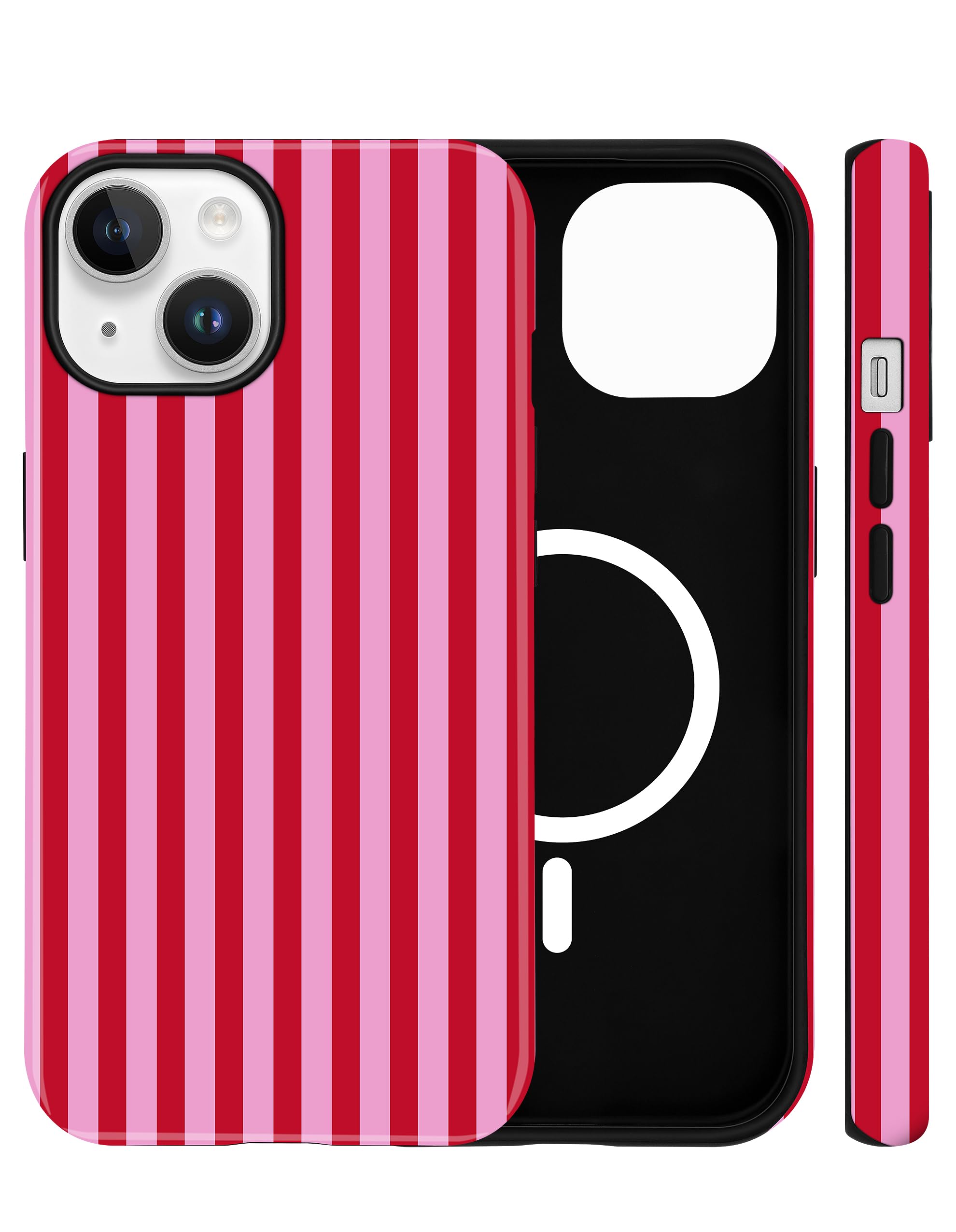 Jusy Handyhülle Magnetische für iPhone 14 / iPhone 13 Hülle, Aesthetic Gestreifte Sommer Muster Motiv Design, Kompatibel mit MagSafe Zweischichtige Stoßfest Bumper Case, Rot