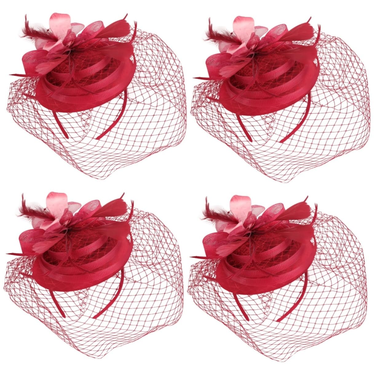 POPETPOP 4pezzi Fascinator Cerchietto Elegante con Fiori e Rete per Cerimonie Tea Party e Matrimoni Accessorio per Donne