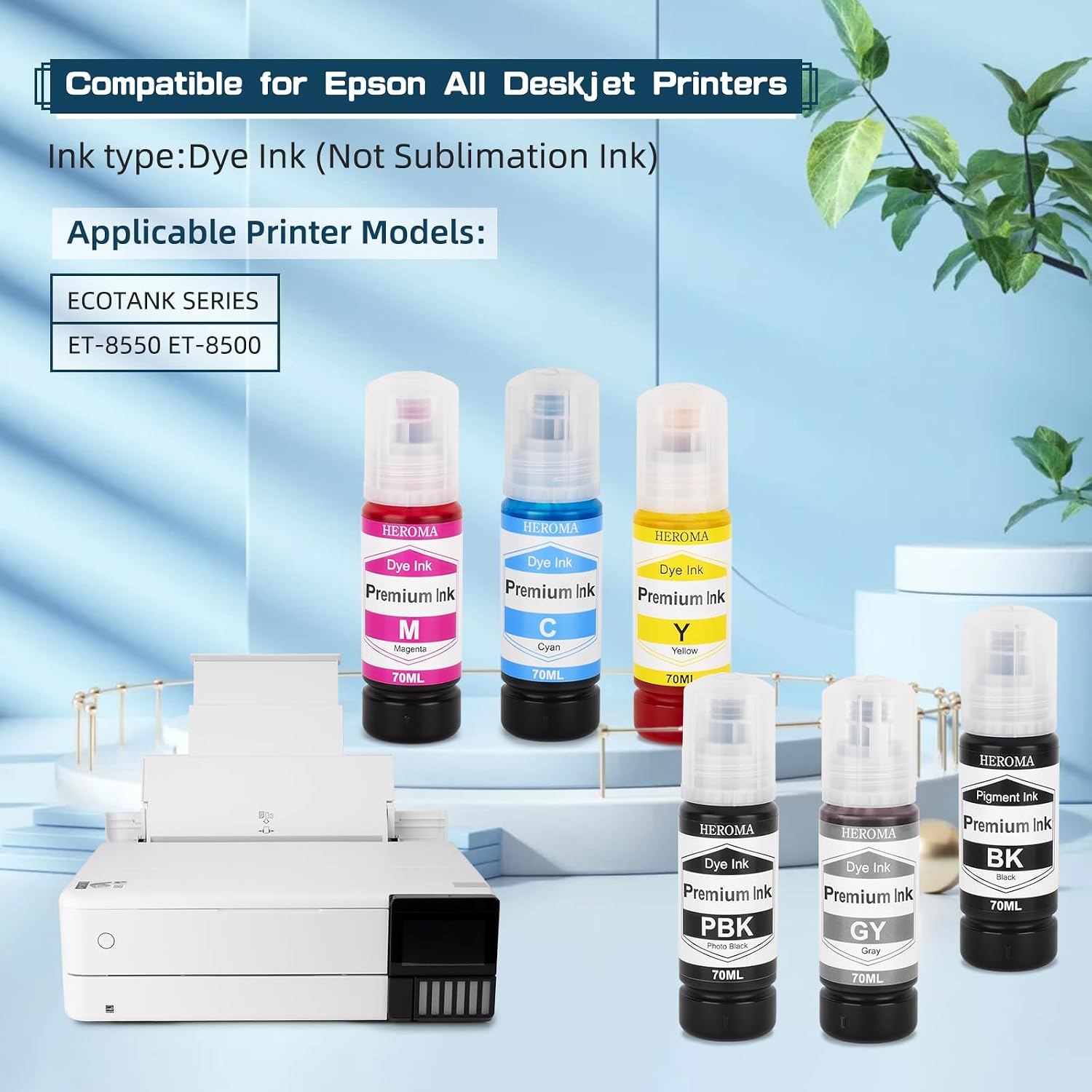 T552 552 Ink Refill Bottles Compatible for Epson EcoTank Photo ET-8550 ET-8500 Printers, 6 Pack BK Pigment PB C M Y GY Dye Ink
