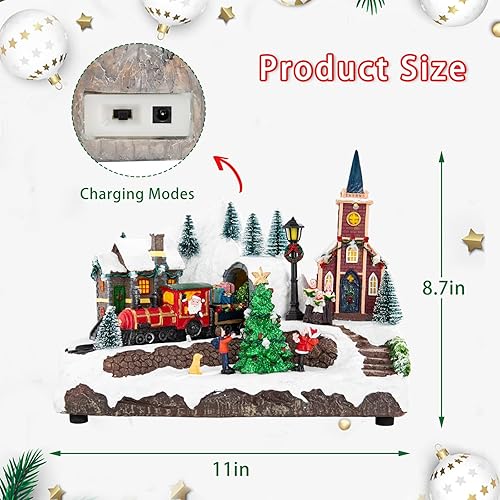 Miniatura 6 de Decoración de edificios de pueblo navideño, edificios coleccionables de Navidad, pueblo musical de Navidad, Papá Noel en tren con luces LED y 8
