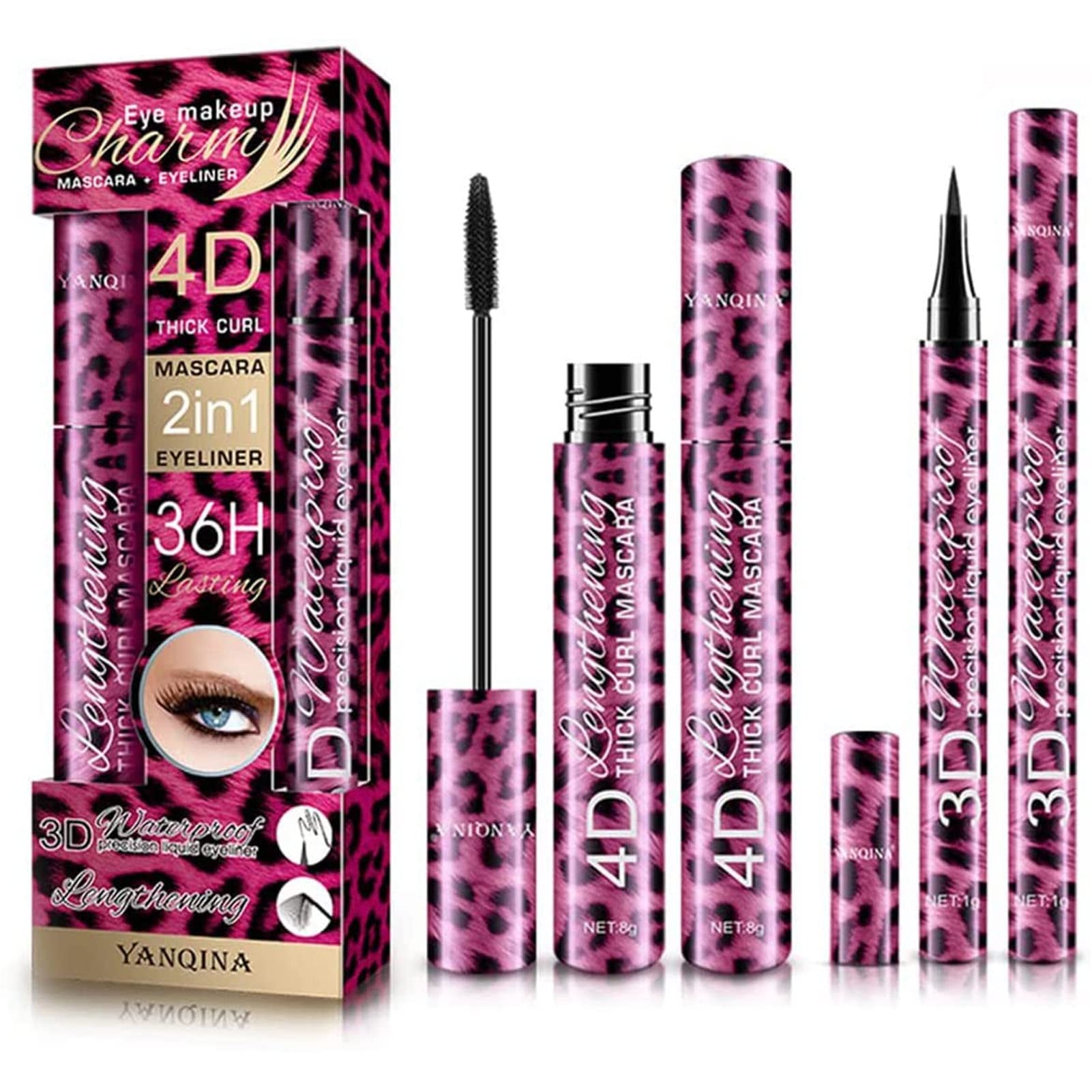 2 In 1 Silk Fiber Mascaras & Eyeliner Set, Long-lasting All Day, 4D Silk Fiber Mascara & Eyeliner Set, Smudge-Proof, Waterproof, Adds Length, Depth and Glamour Effortlessly (1 PCS)