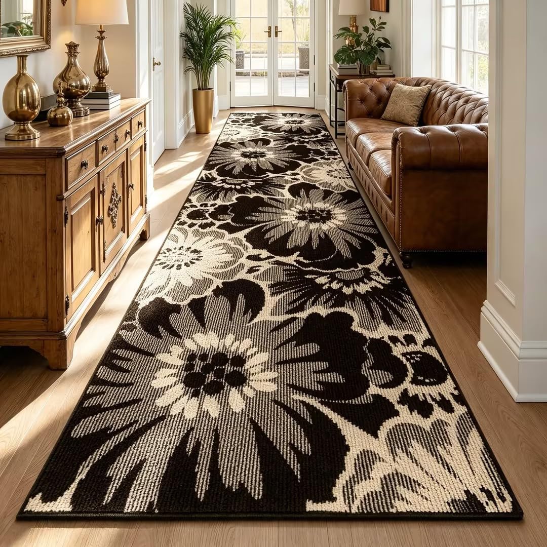 Läufer Flur Langer rutschfest, Teppich Läufer Waschbar, 80x300cm | Schwarz & Beige, Absorbierend Küchenteppich, Polypropylen, Perfekt für Küche, Eingang, Esszimmer Waschküche