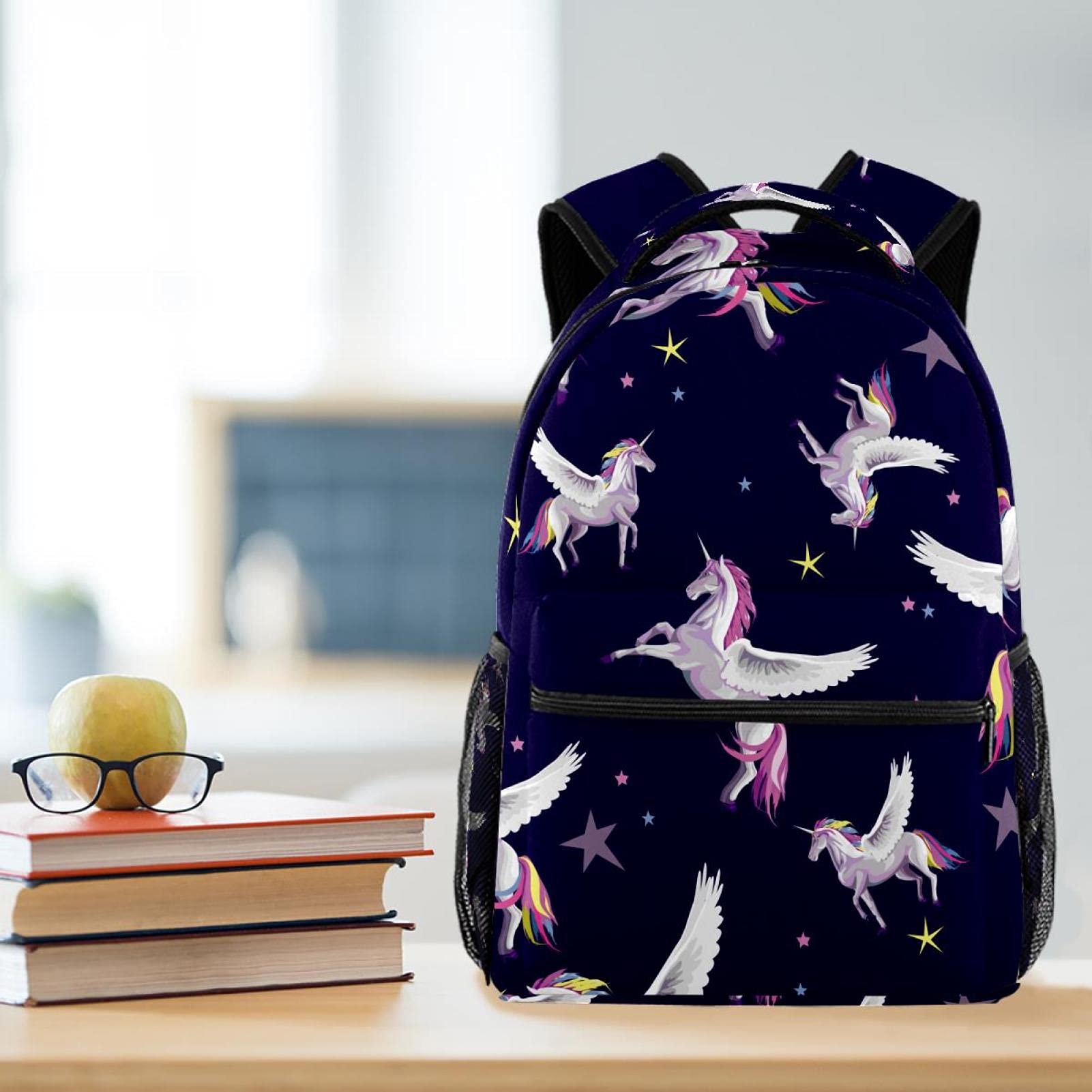Wasserfarben Weltraum Einhorn Planet Stars Rucksack/Studentenrucksack/Schultasche/entzückende Büchertasche mit Seitentaschen für Jungen, Mädchen, Teenager, Angel Unicorn Star Night Navy Hintergrund