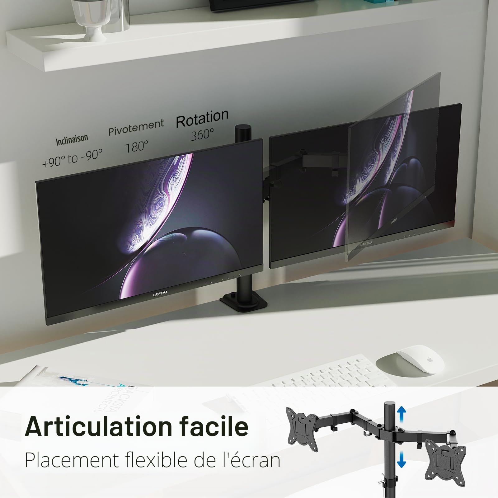 GRIFEMA Support Double Ecran PC 13-27 Pouces Bras Réglable Hauteur Inclinaison 90° Rotation 360° Poids 10KG VESA 75/100 MM Noir