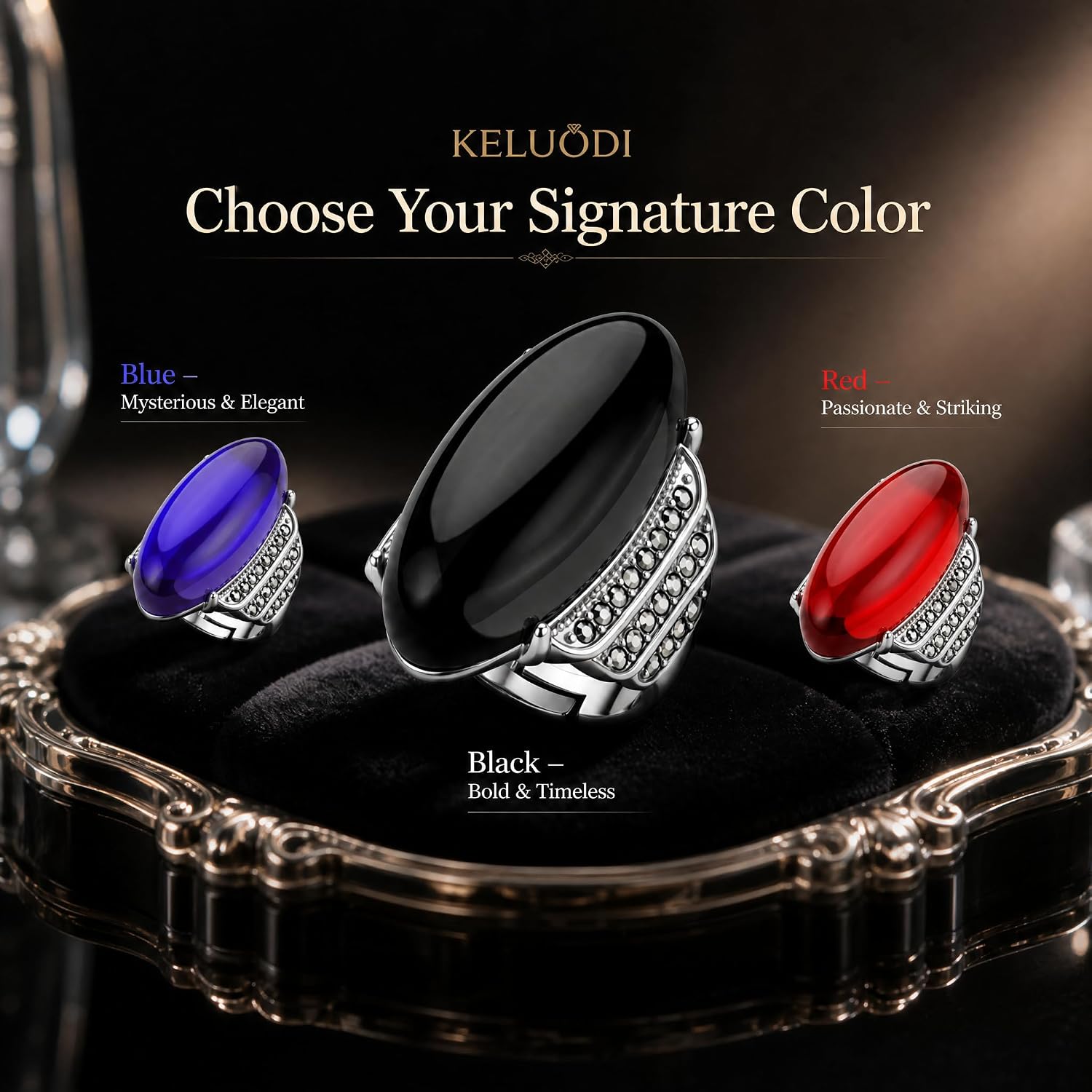 Stainless Steel Onyx Statement Ring for Women, Vintage Large Oval Gemstone Cocktail Ring, Retro Marcasite Accent Band, Cuff Boho Gothic Promise Ring Jewelry Gifts