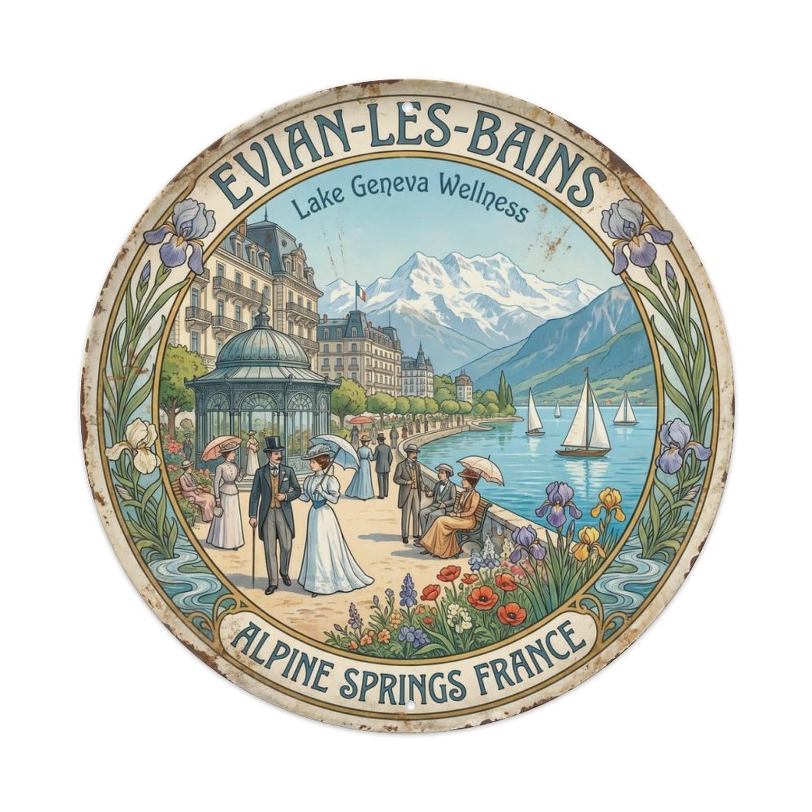 Vintage Travel Evian Alpine France Metal Tin Sign Plaque Wall Decor for Cafe, Club Bar, Office, Home Garden Round Metal Poster 8x8Inch