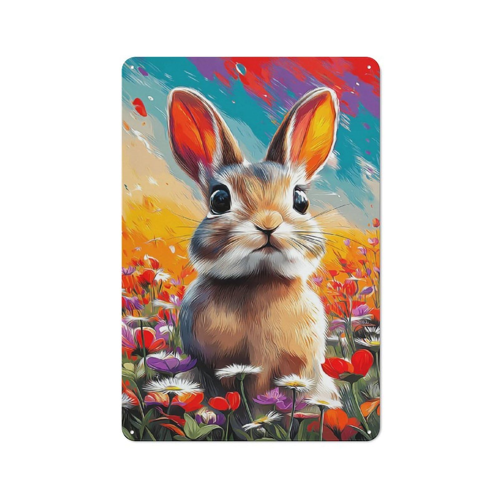 Junmoney Colorful Bunny In Flowers Understated Decorative Metal Sign 30X20cm Featuring Study Room Decor For Workspace, Cafe, Shop Or Desk Area