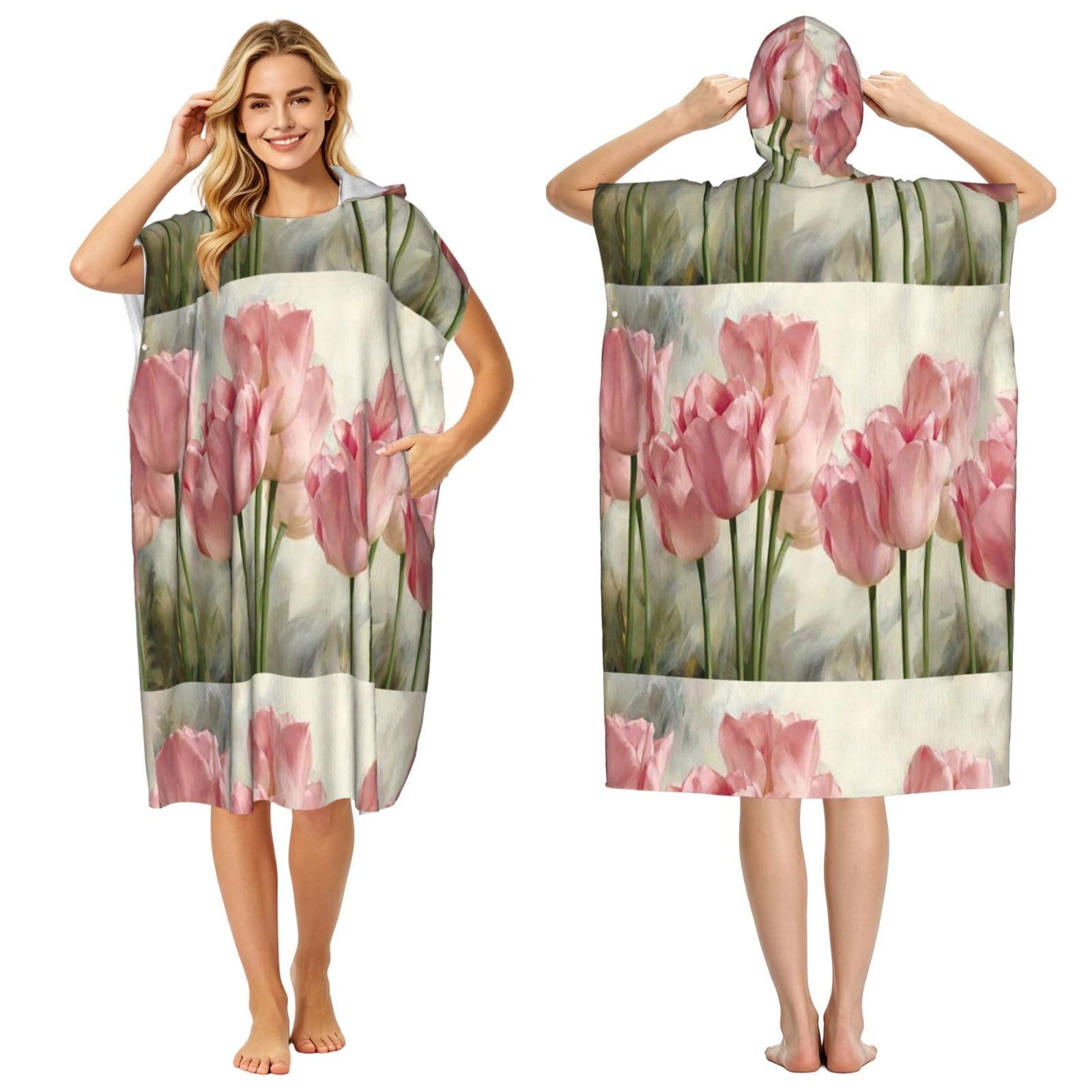 Poadnly Pink Tulips Printed, Adult Hooded Beach Towel 90 x 110 cm,Changing Bath Robe, Surf Poncho Towel For Women Men
