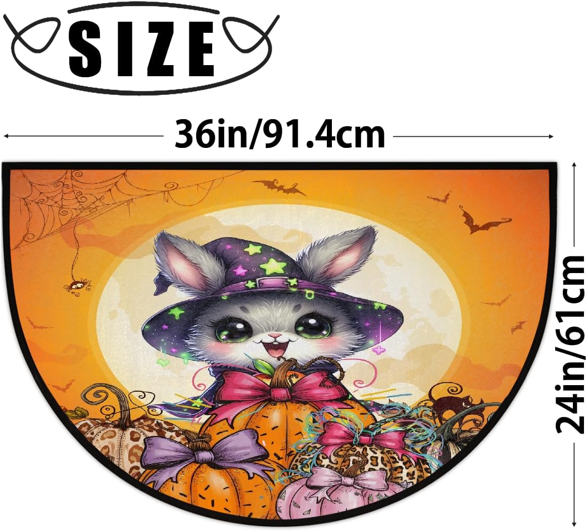 cat Pumpkin Spider Halloween Half Round Door Mat Non Slip Washable Semi Circle Area Rug Absorbent Soft Half Moon Rug Floor Mat for Indoor Outdoor Kitchen Bathroom Patio Front Door Mat Decor