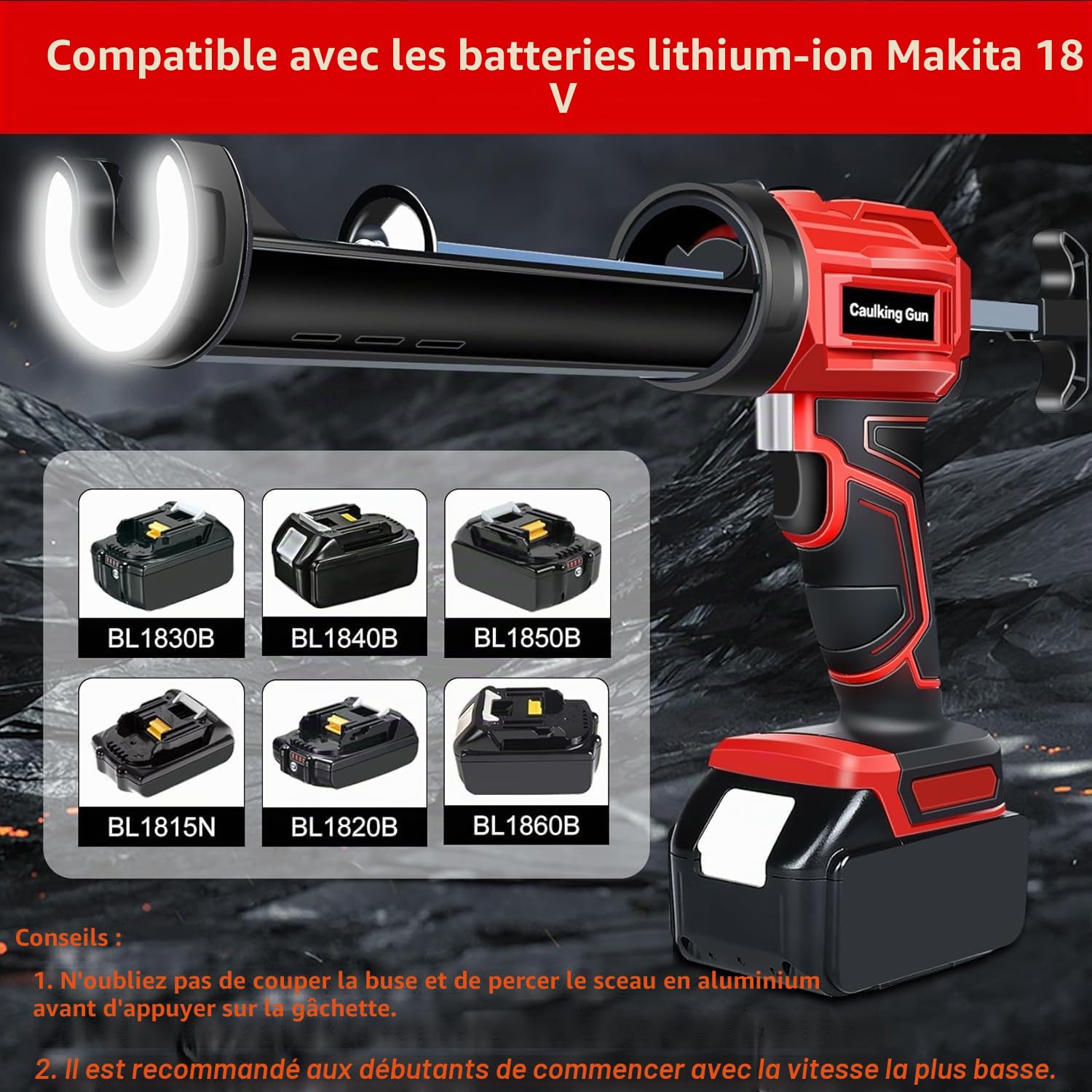 Pistolet à cartouche sans fil 18 V 4 vitesses réglables avec lumière LED, compatible Makita, rouge, 300 ml (sans piles)