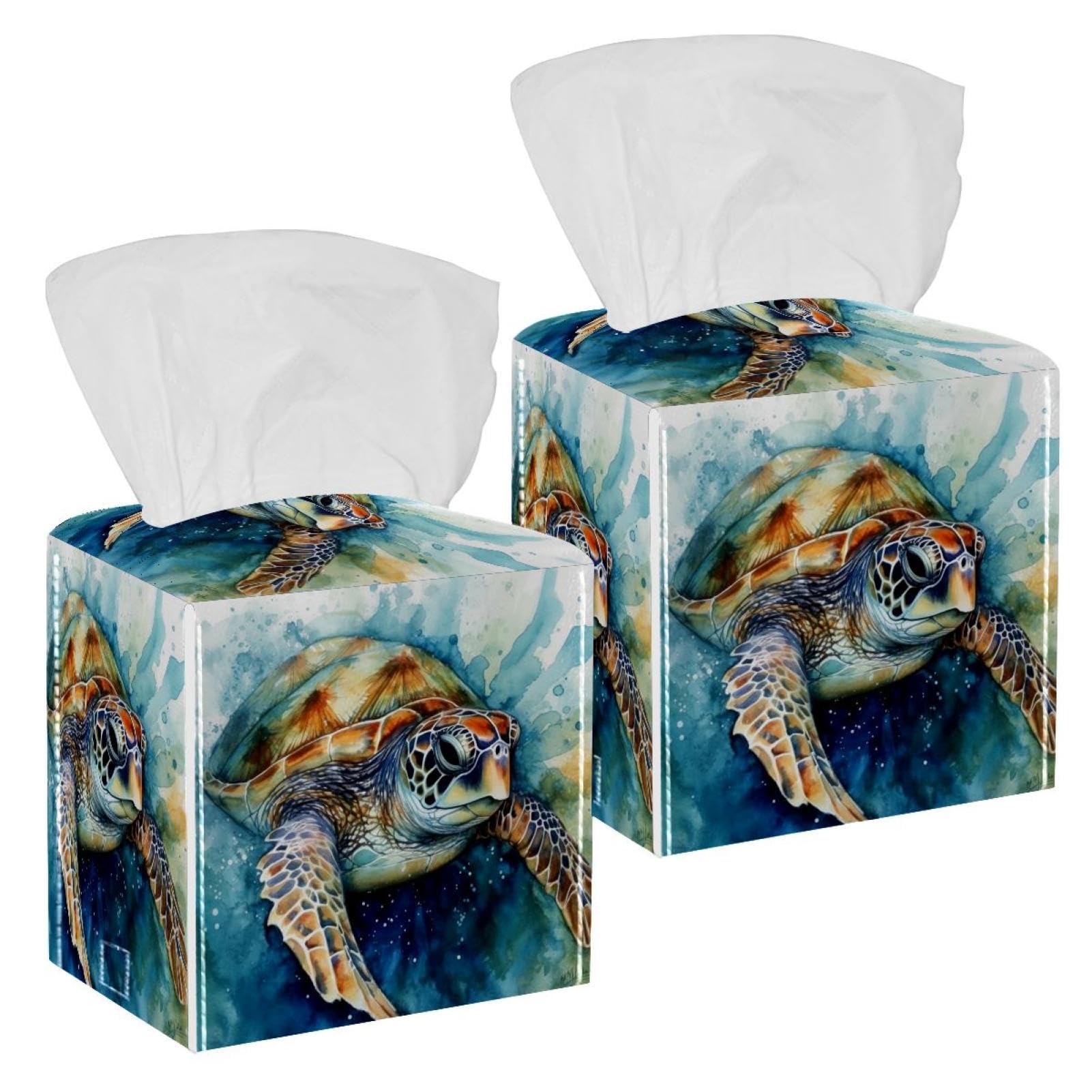 Sea Turtle Tissue Box Cover, 2 Pack PU Leather Square Facial Tissue Dispenser Box holder for Home Office Car