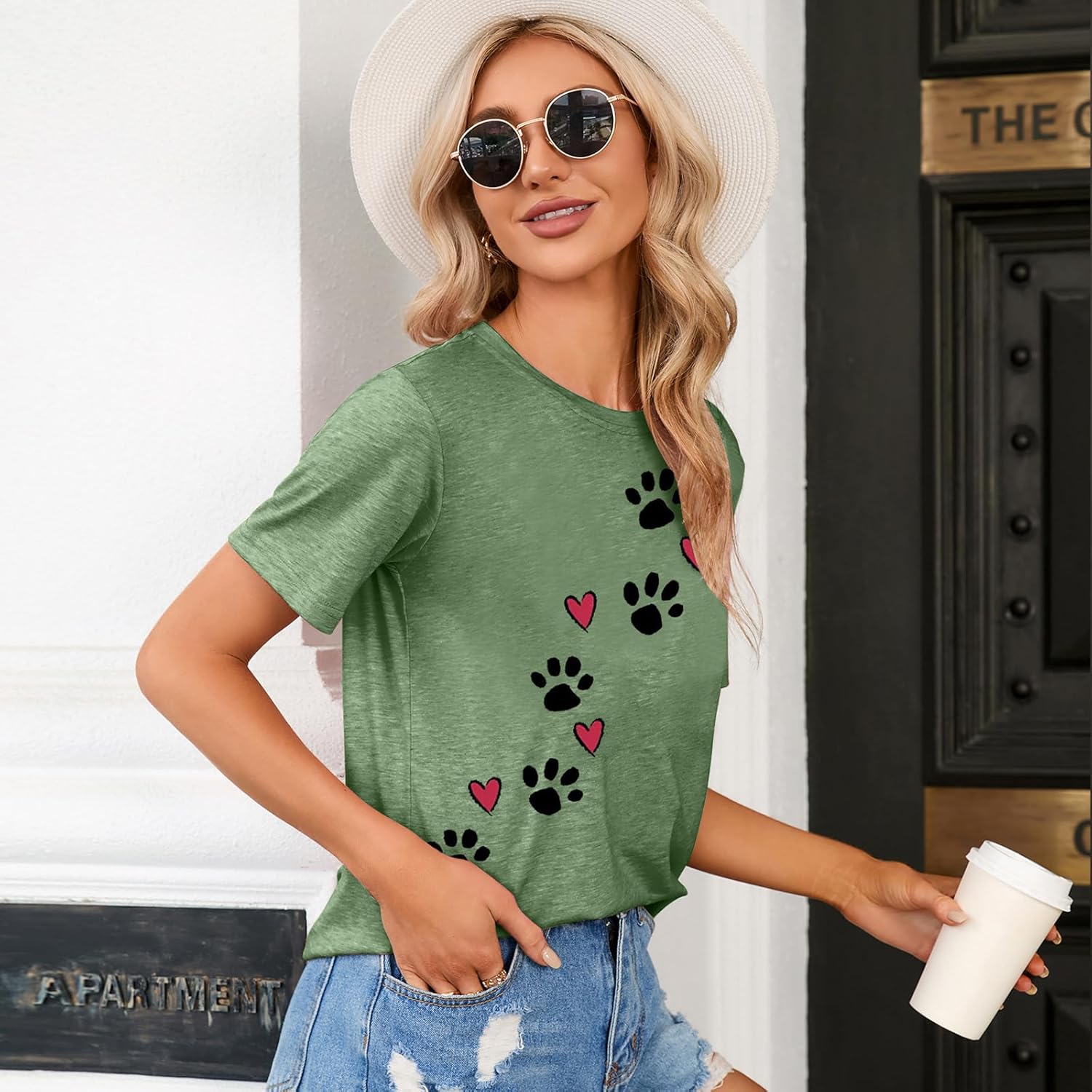 Dog Paw Love Heart Print T-Shirt for Women Short Sleeve Dog Mom Graphic Tees Tops - Image 3