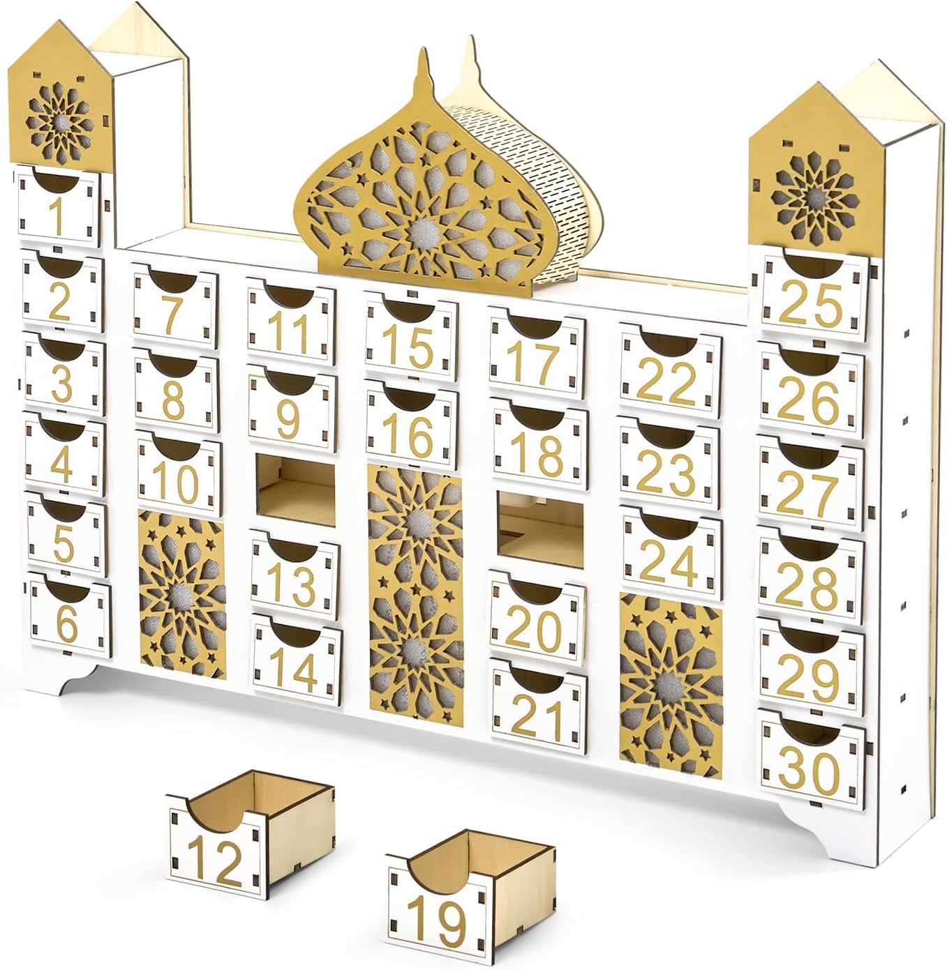 Wooden Ramadan Countdown Calendar, Eid Mubarak Advent Calendar with Drawer, Mosque Shaped Fillable Muslim Ramadan Decoration for Home Holiday Tabletop Decor Gift Party Supply