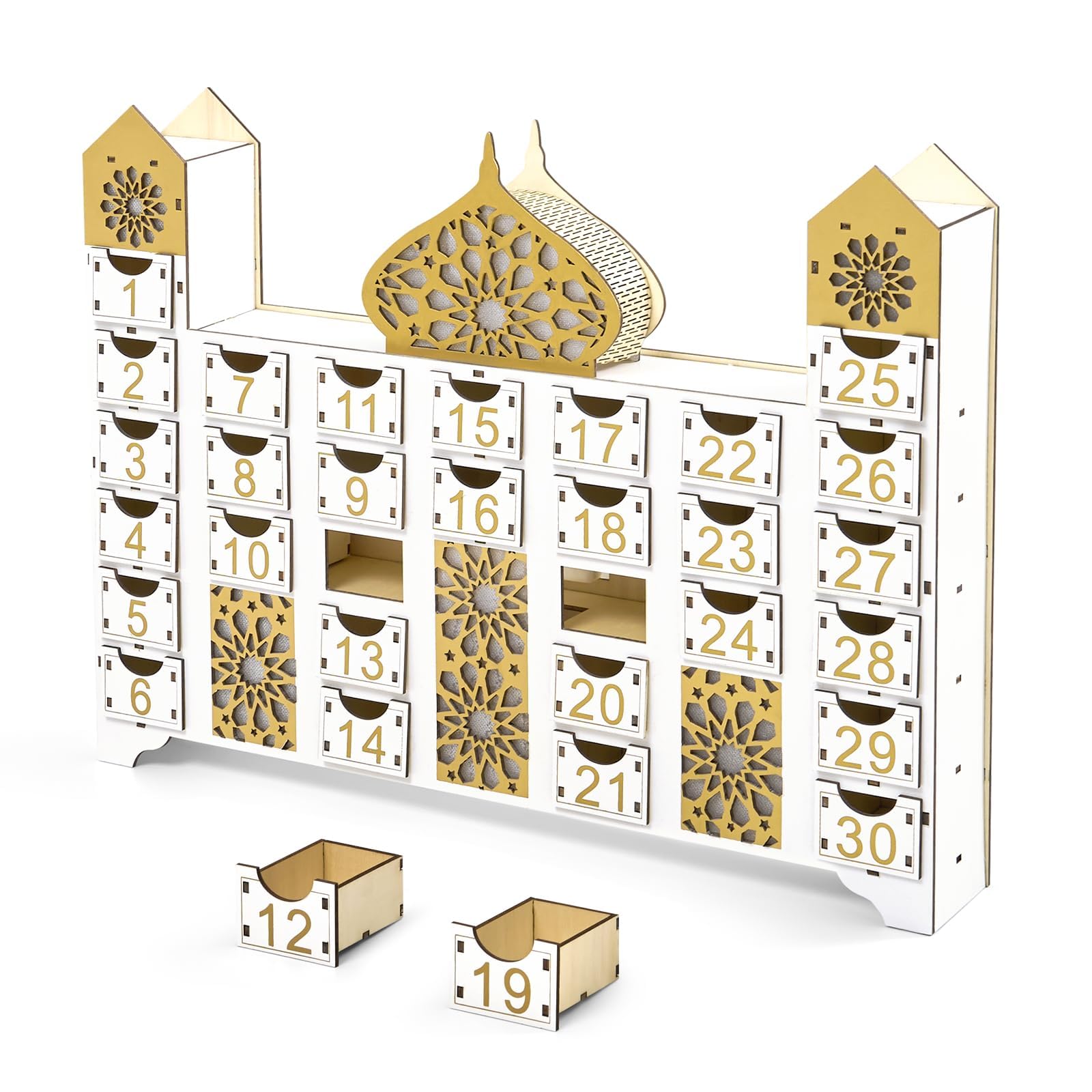 Ramadan-Countdown-Kalender, Eid Mubarak Adventskalender mit Schublade, Moscheeform, befüllbar, muslimische Ramadan-Dekoration für Zuhause, Urlaub, Tischdekoration, Geschenk, Partyzubehör