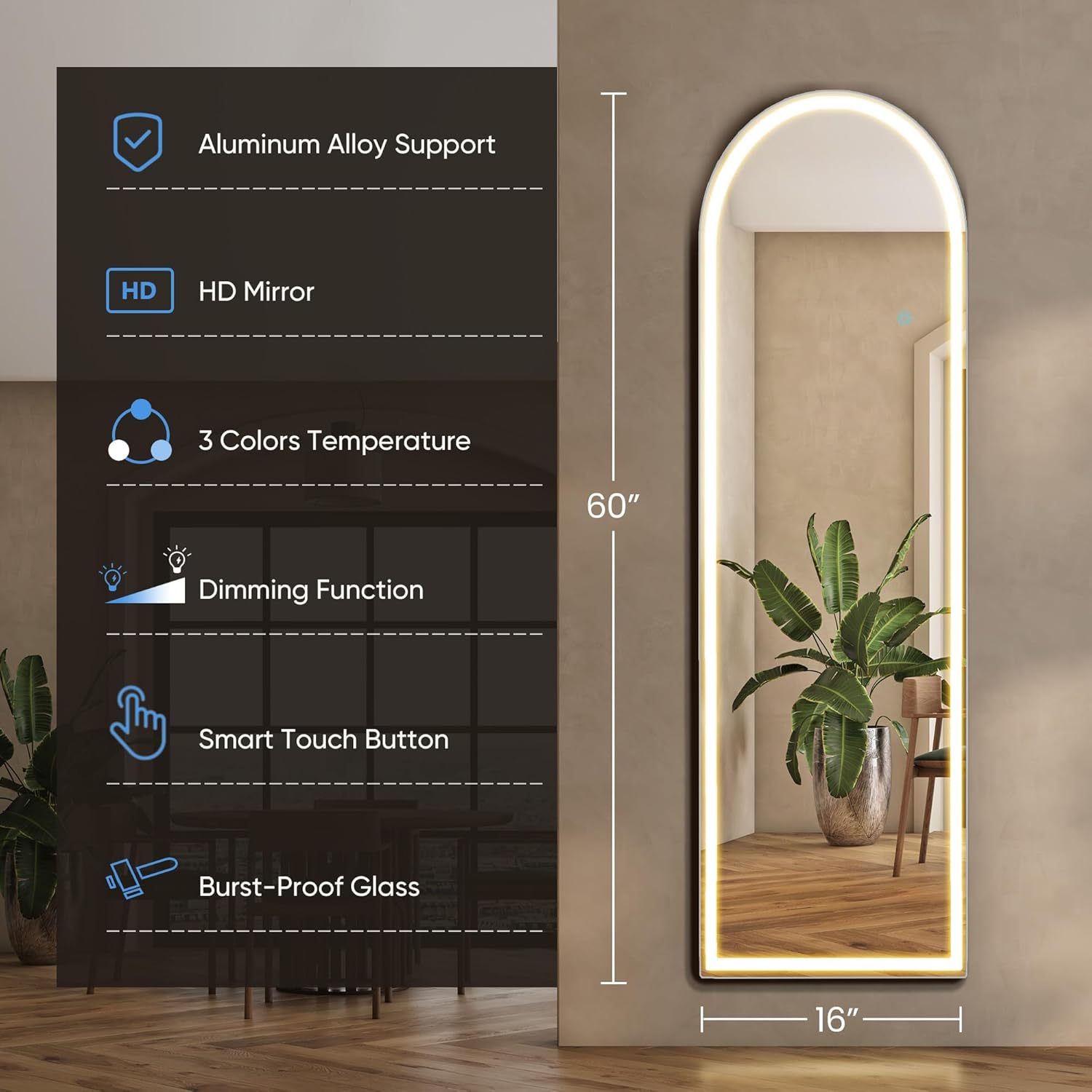 DUMOS Arched LED Mirror Full Length with Stand, 16"×60" Full Body Wall Mirror with LED Lights 3 Color Lighting, Hanging or Leaning, Floor Standing, Modern Simple Home Wall Decor