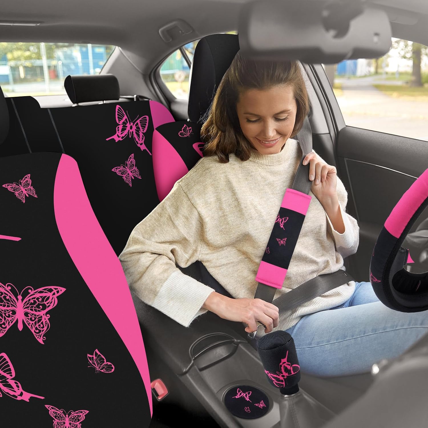 BBTO 47 Pcs Car Seat Full Set Car Accessories for Women 5 Front Rear Seat Covers Wrist Strap 2 Pieces Cup Mat Armrest Pad 2 Belt Cover Accessories for SUV(Pink Black)