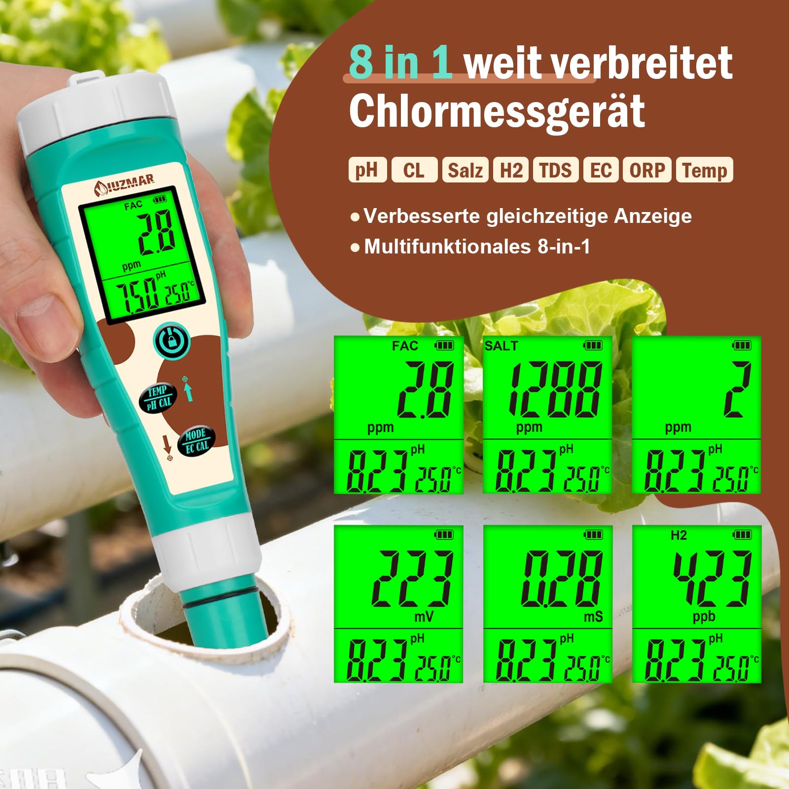 UIUZMAR Pool pH Chlor Salzgehalt Messgerät, Wasserstoff PPM ORP Messgerät für Trinkwasser, 8-in-1 Wassertester mit gleichzeitiger Anzeige von pH Salz Chlor H2 ORP EC TDS Temp für Hydrokultur, Spas