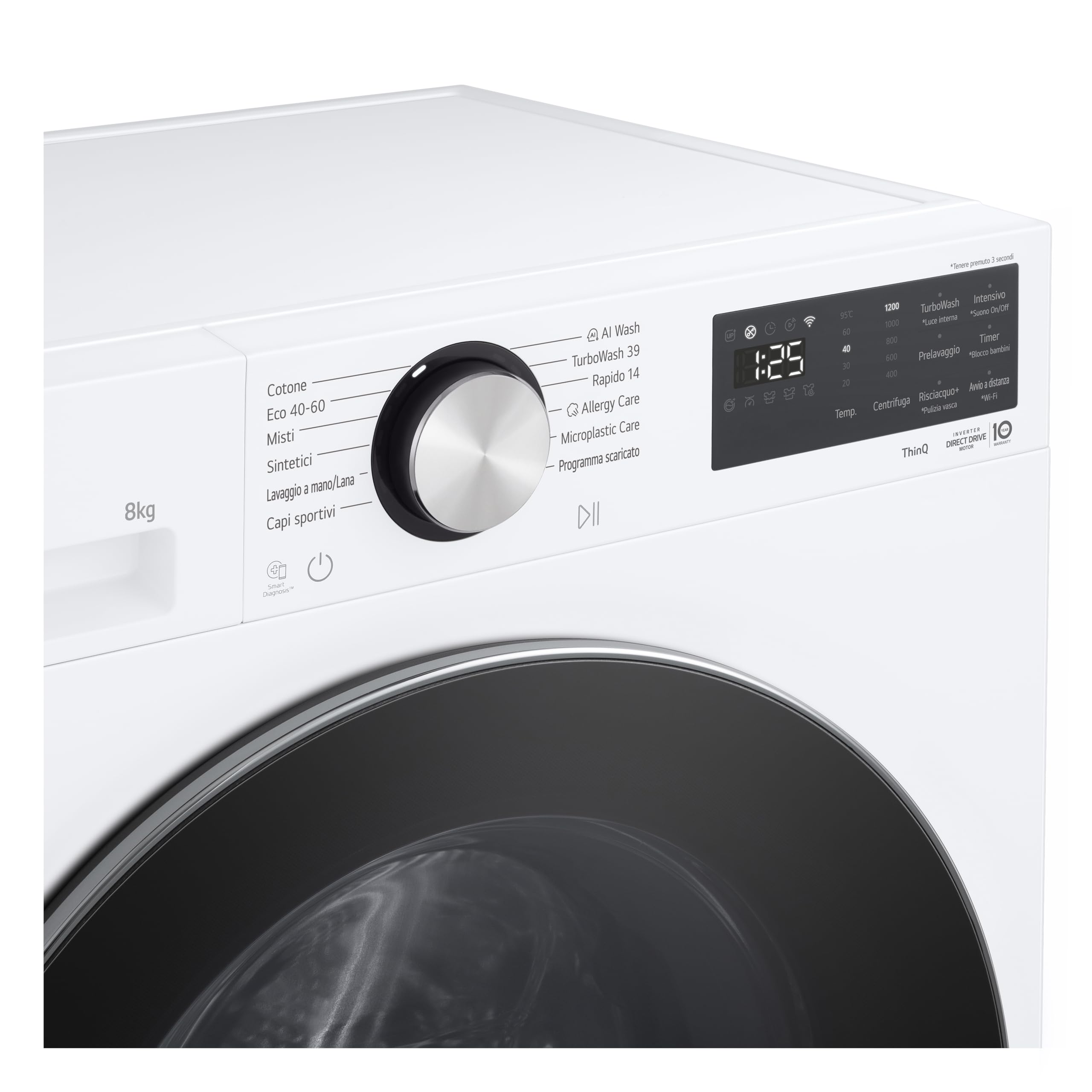 LG F2NX50S8TLC Lavatrice 8 kg Slim Classe A -30%, 1200 Giri, Programma AI Wash con Intelligenza Artificiale, Wi-Fi, Allergy Care, TurboWash 360, Direct Drive, Serie X5, White