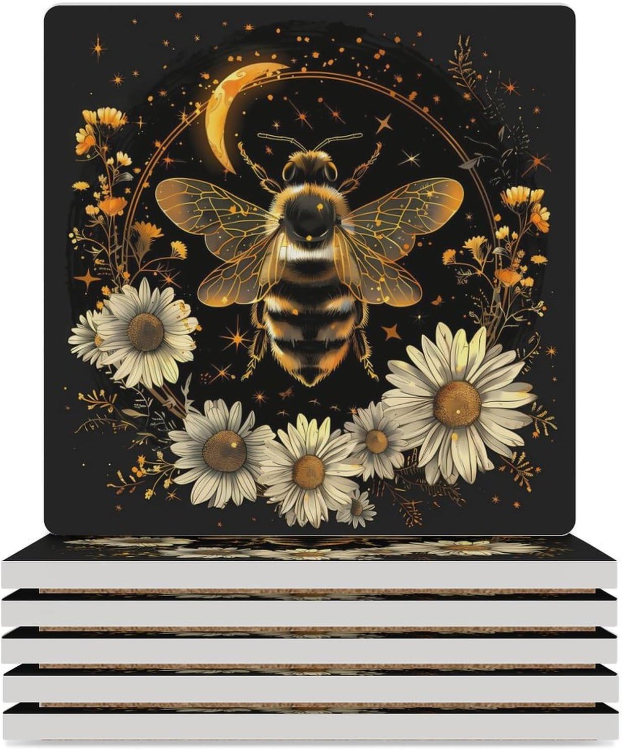 Bee Moon Coaster for Drinks Square Ceramic Table Coasters Stone Mat Crafts 4PCS Home Kitchen Decor