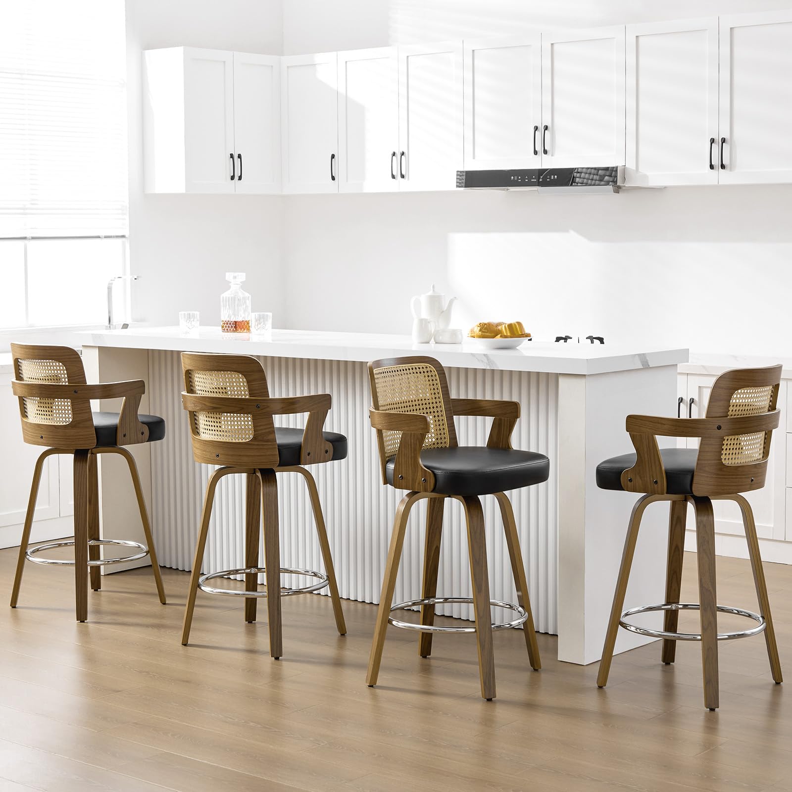 Bekrvio Swivel Counter Height Bar Stools Set of 4, 26" Seat Height Counter Stools with Rattan Back and Arms, Faux Leather Upholstered Bar Chairs with