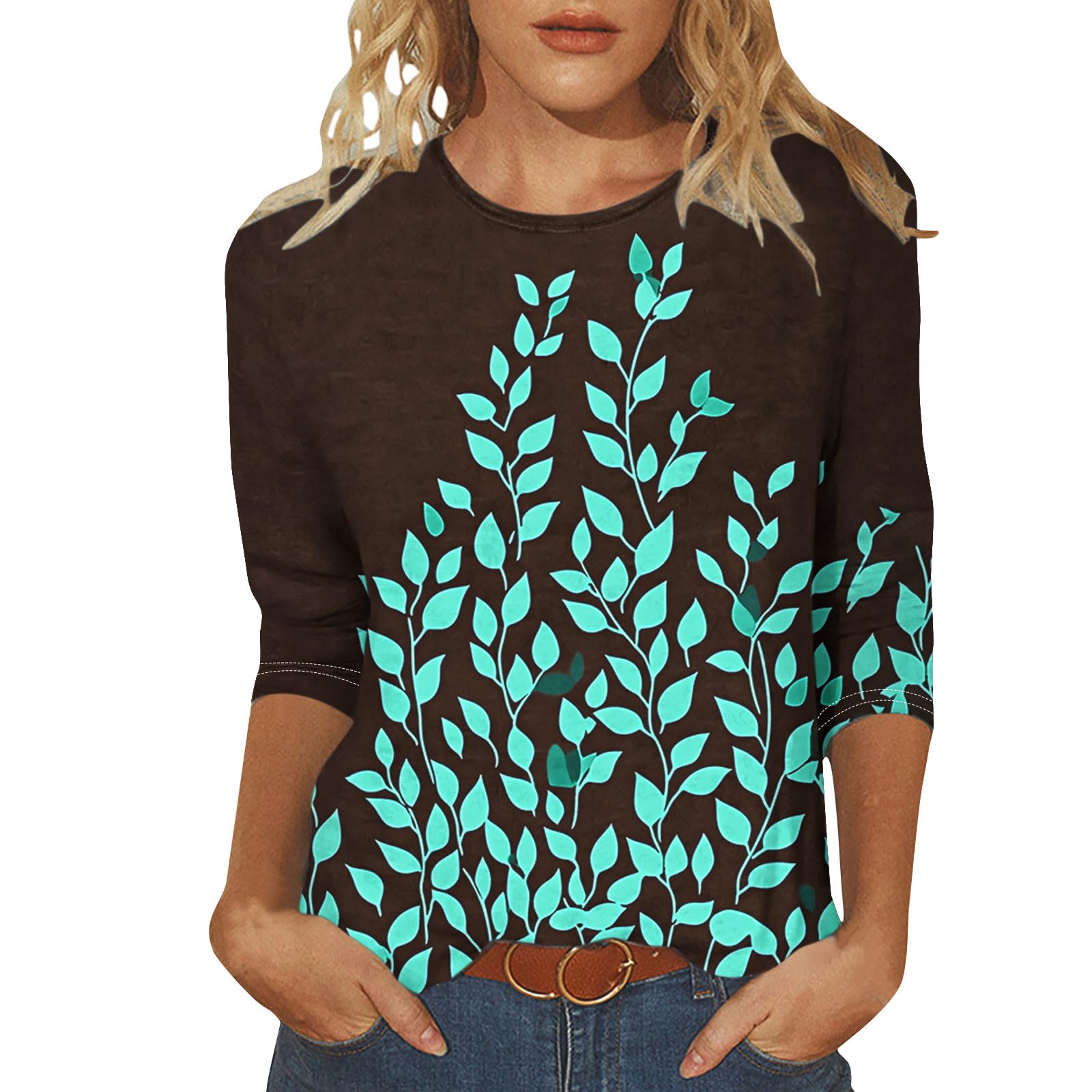 Women's 3/4 Length Sleeve Tops Casual Round Neck Tunic Shirts Spring Summer Basic Tees Loose Fit Business Work Blouse