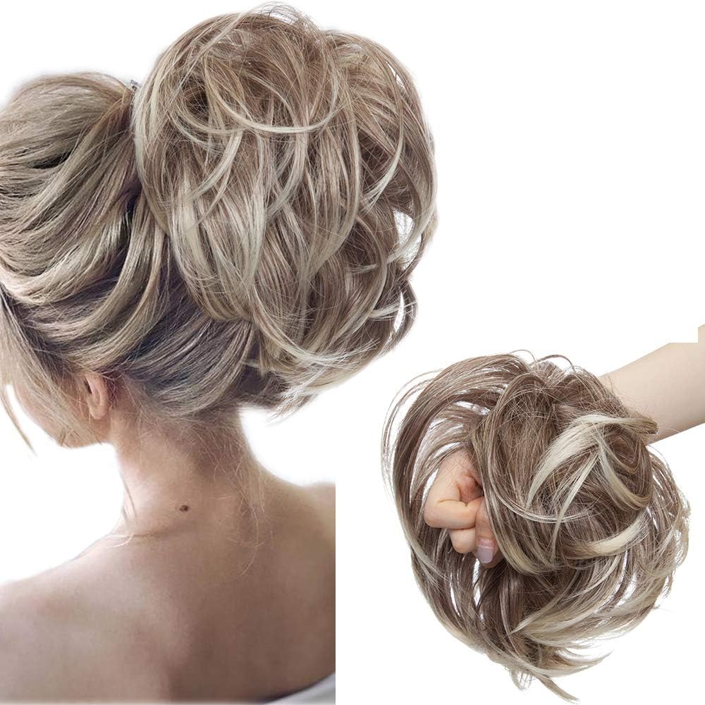 Large Updo Messy Bun Hair Extension Wavy With Elastic Rubber Band 80G Synthetic Thick Chignon Donut Ponytail Hairpiece for Women Maroon & Bleach Blonde