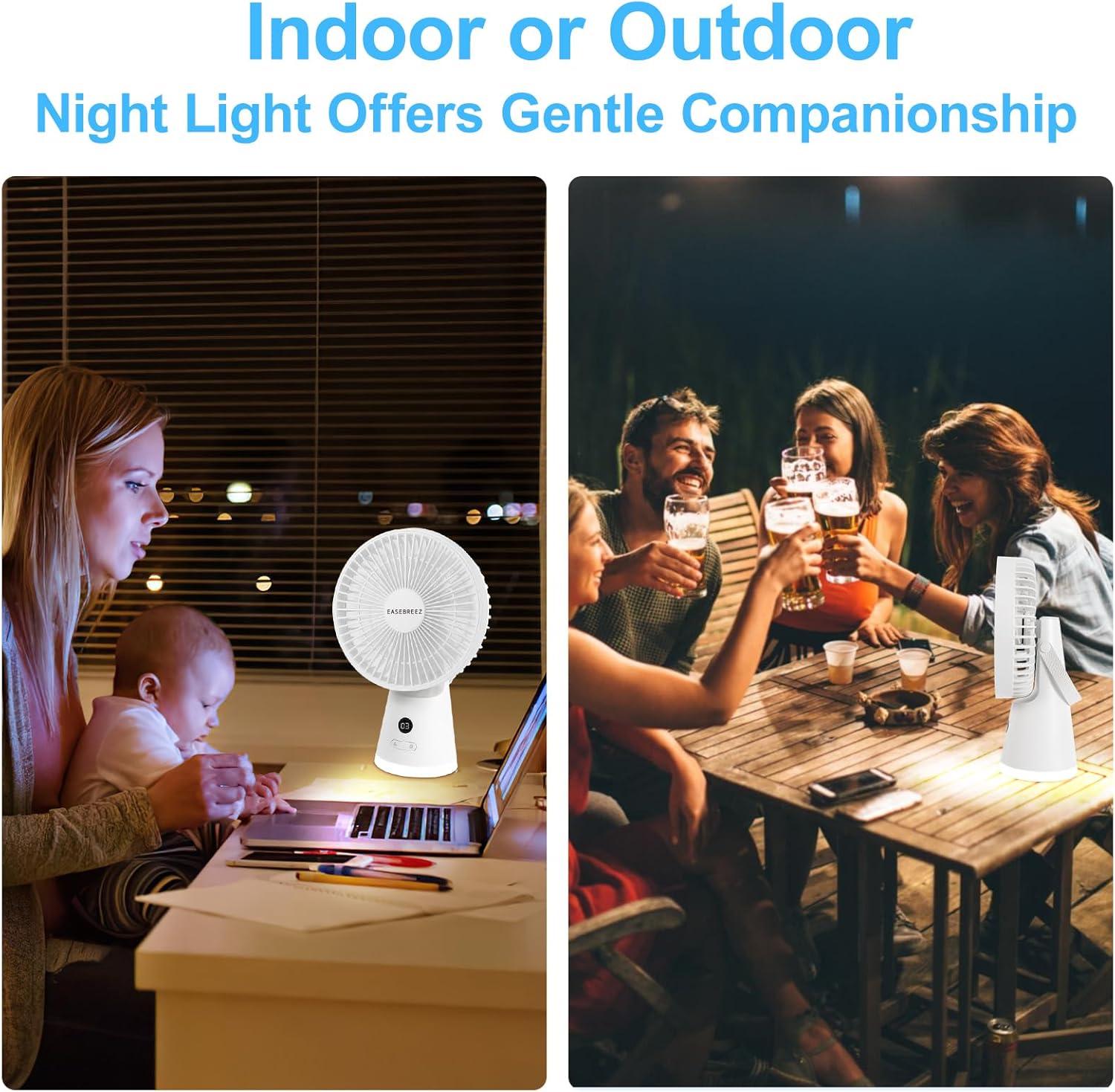 Desk Fan, Table Air Circulator with 90-Degree Tilt Head and 5 Speed Settings, Battery Operated, Digital Display, Low Noise, Night Light, Quiet Fan for Home, Bedroom, Office, Camping